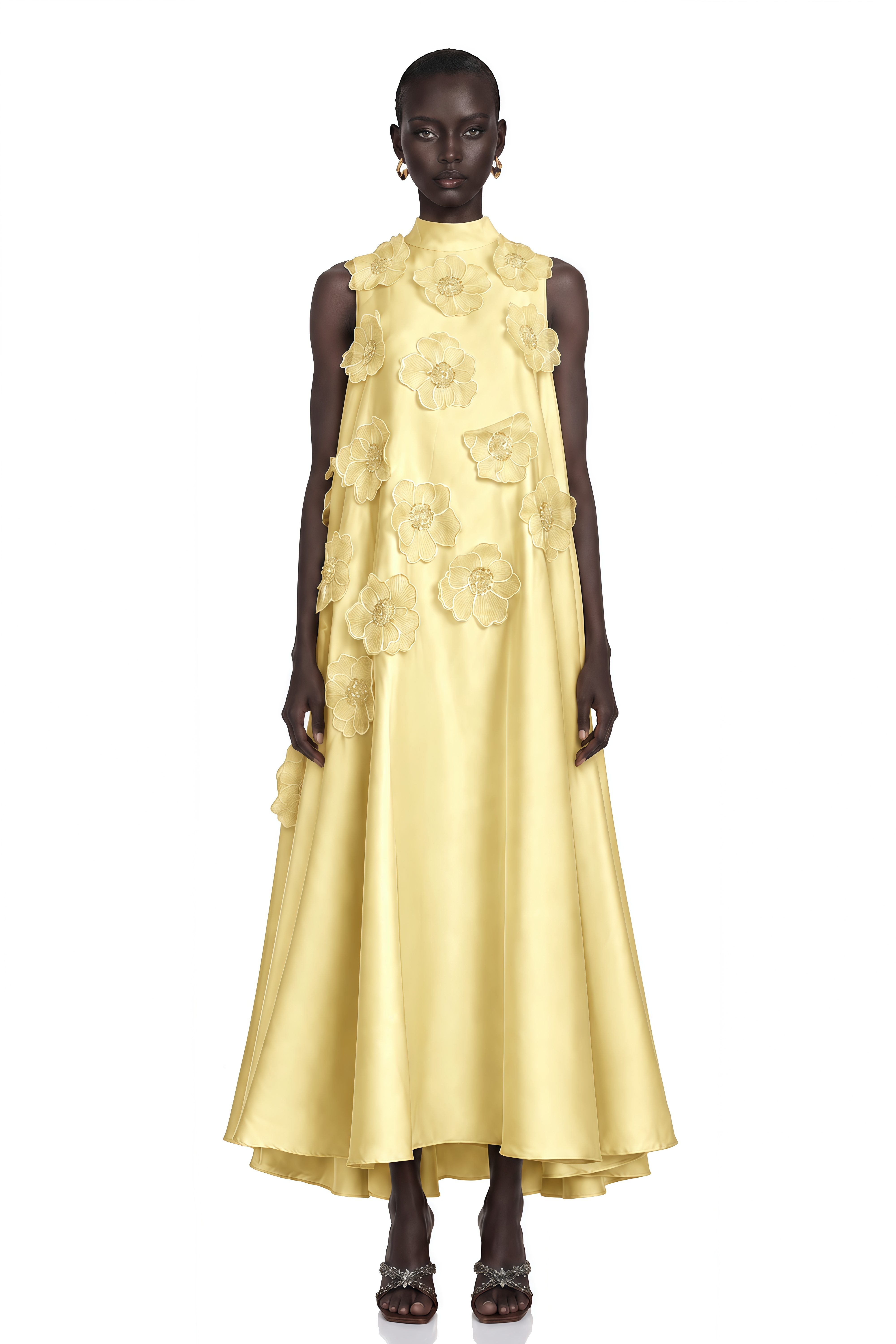 Émilie Sleeveless Floral-Applique Midi Dress in Yellow