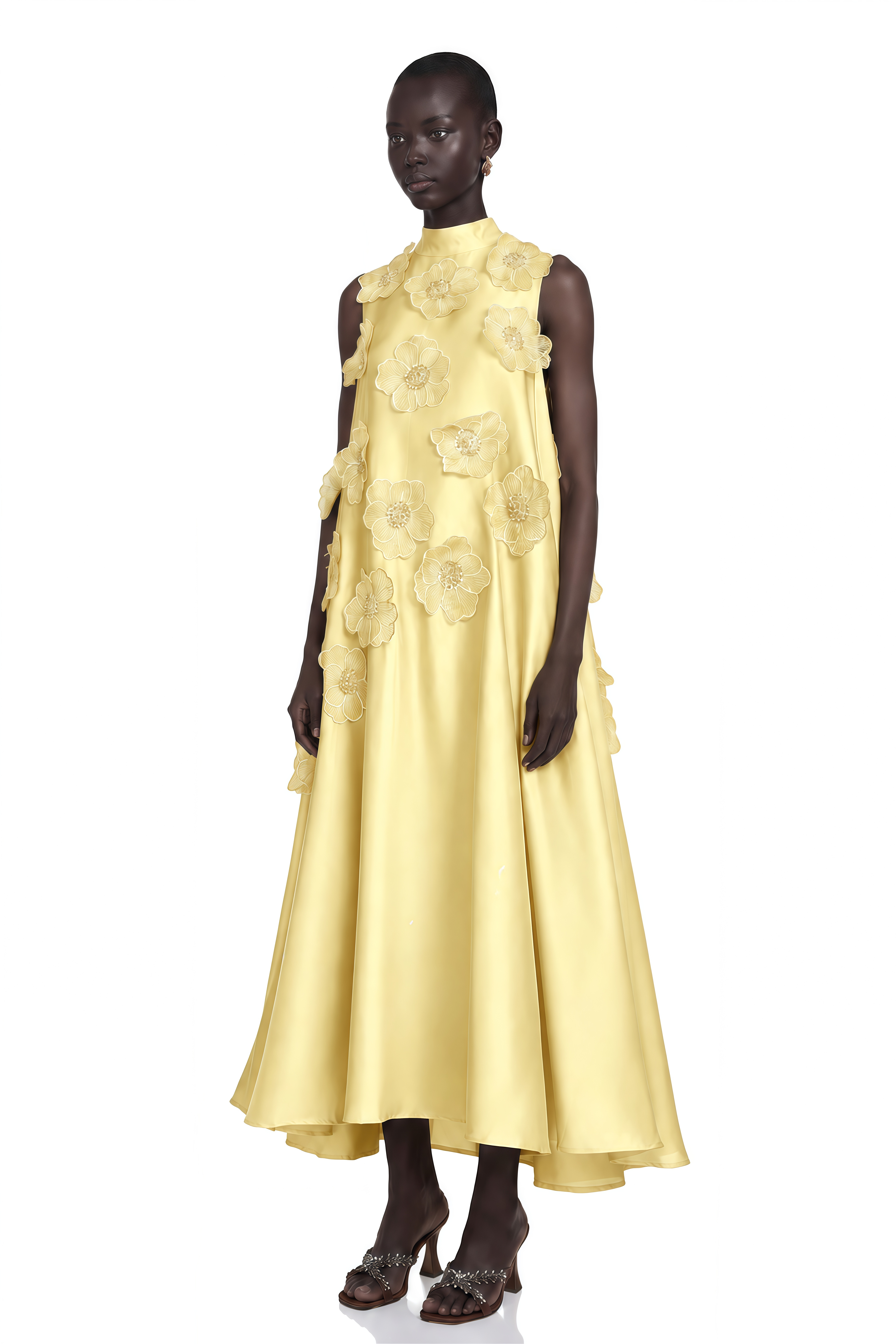 Émilie Sleeveless Floral-Applique Midi Dress in Yellow