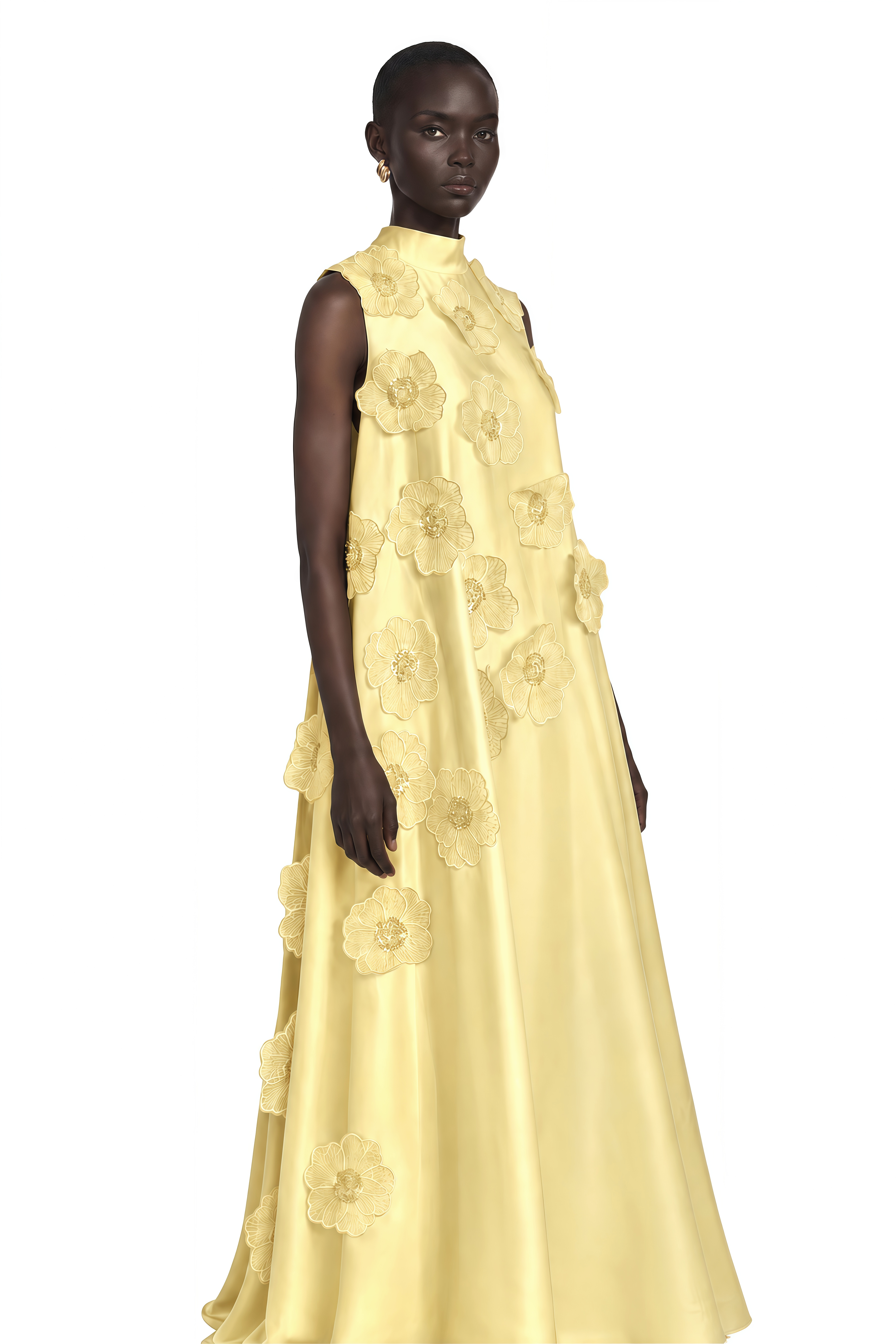Émilie Sleeveless Floral-Applique Midi Dress in Yellow