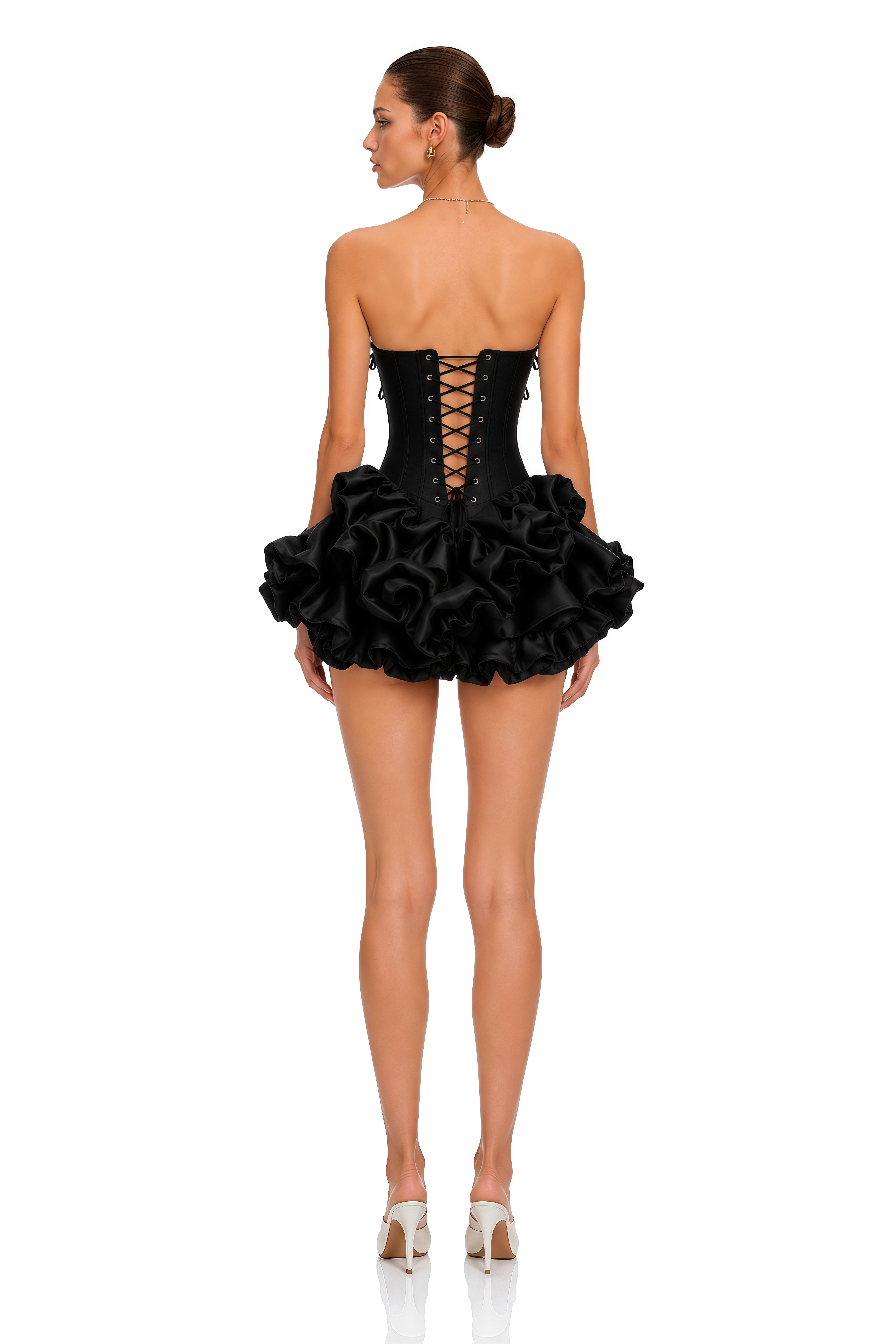 Laurine Black Ruffled Satin Mini Dress