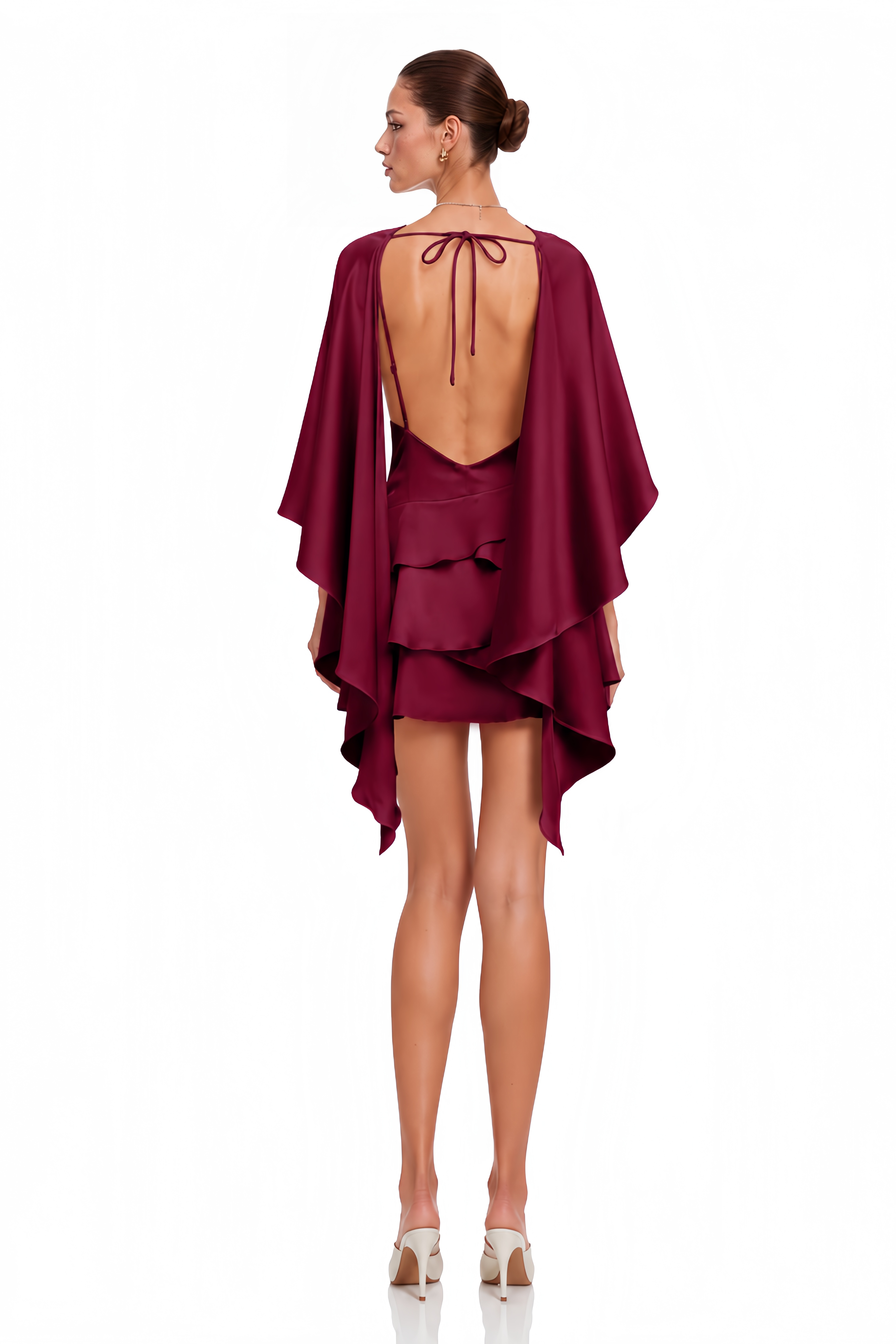 Lyna Shawl-Panel Ruffled Satin Mini Dress in Red