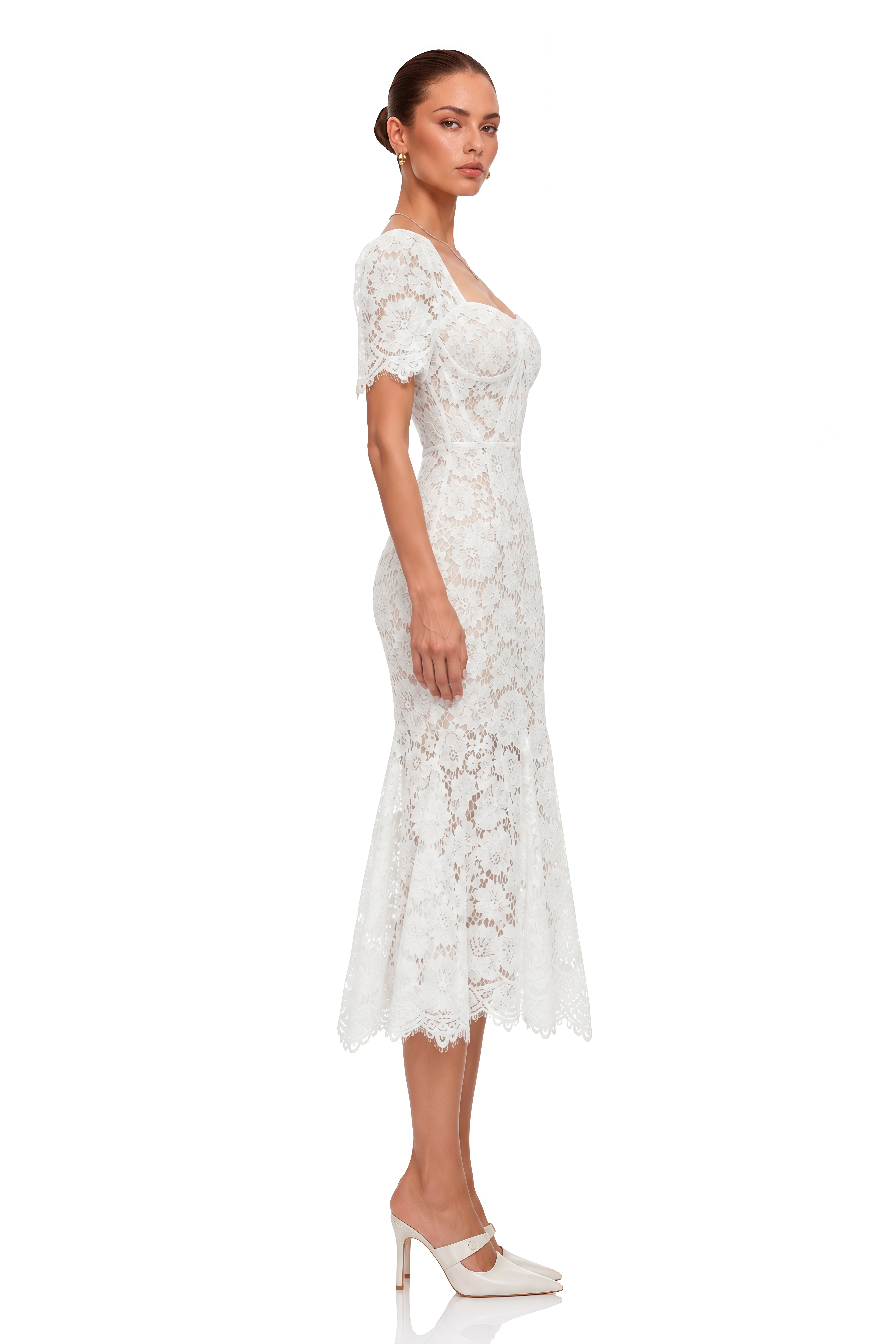 Giselle White Puff Sleeve Floral Lace Midi Dress