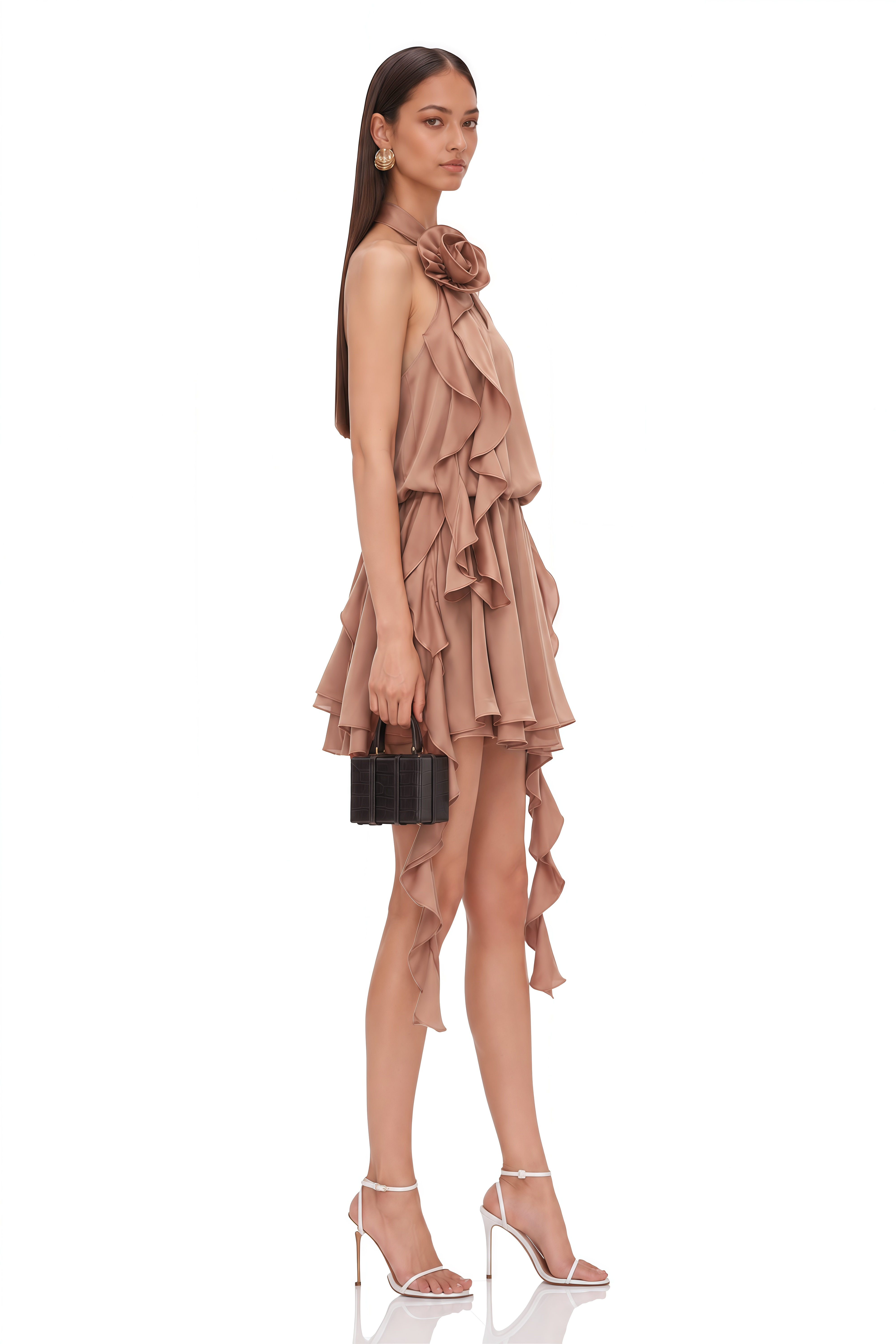 Solange Camel Halterneck Ruched Mini Dress with 3D Florals