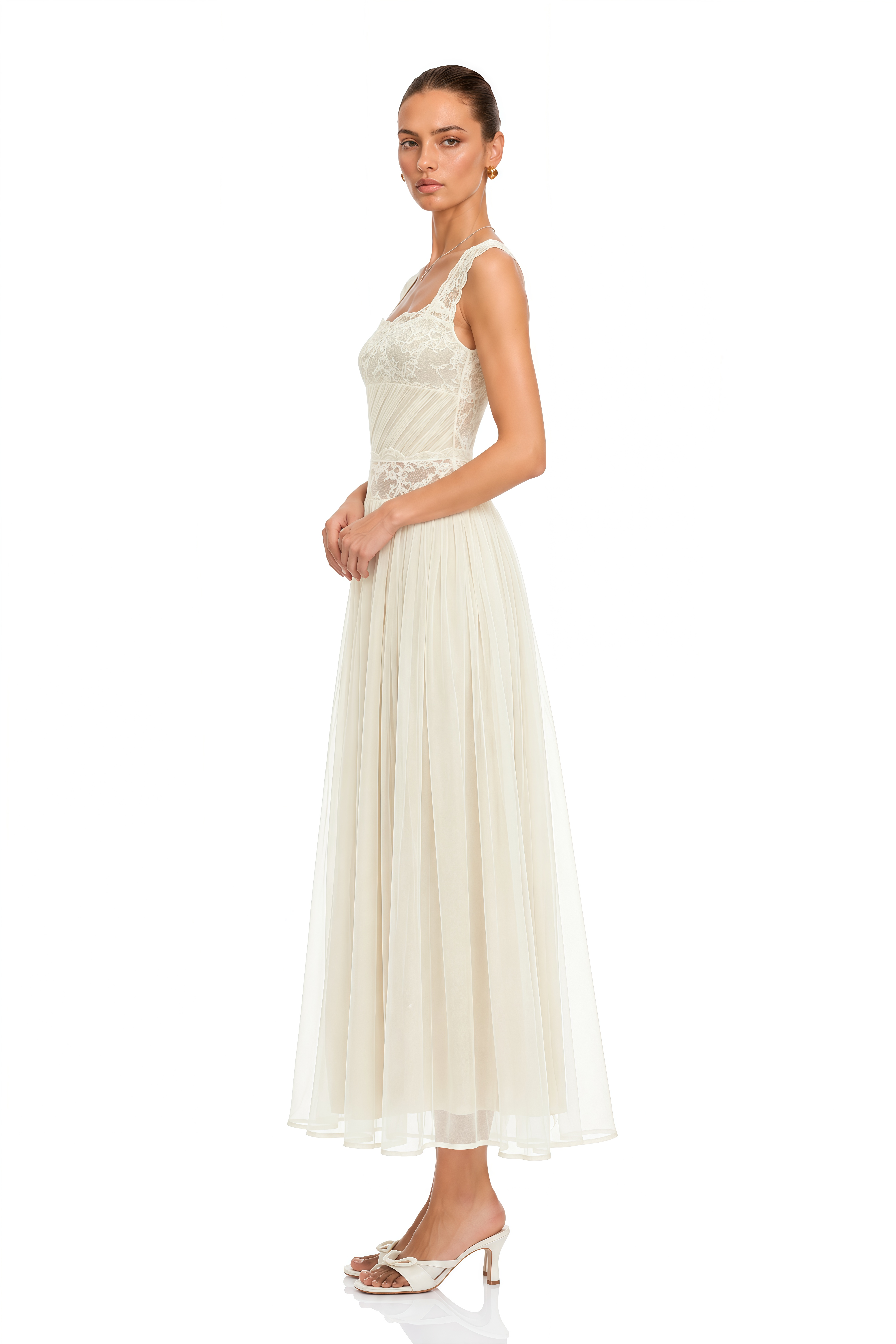 Wolfgang White Pleated Maxi Dress with Lace Panels