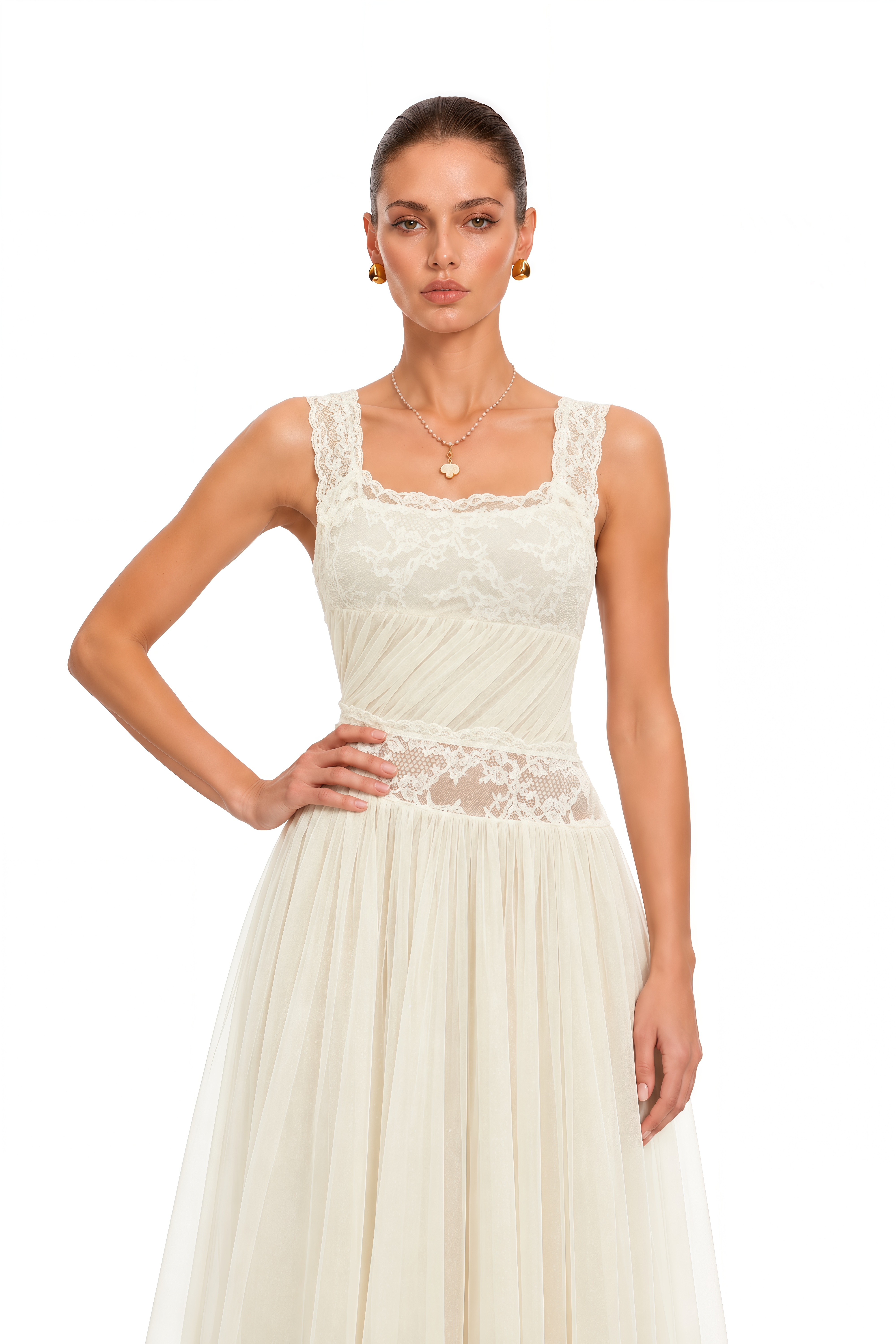 Wolfgang White Pleated Maxi Dress with Lace Panels