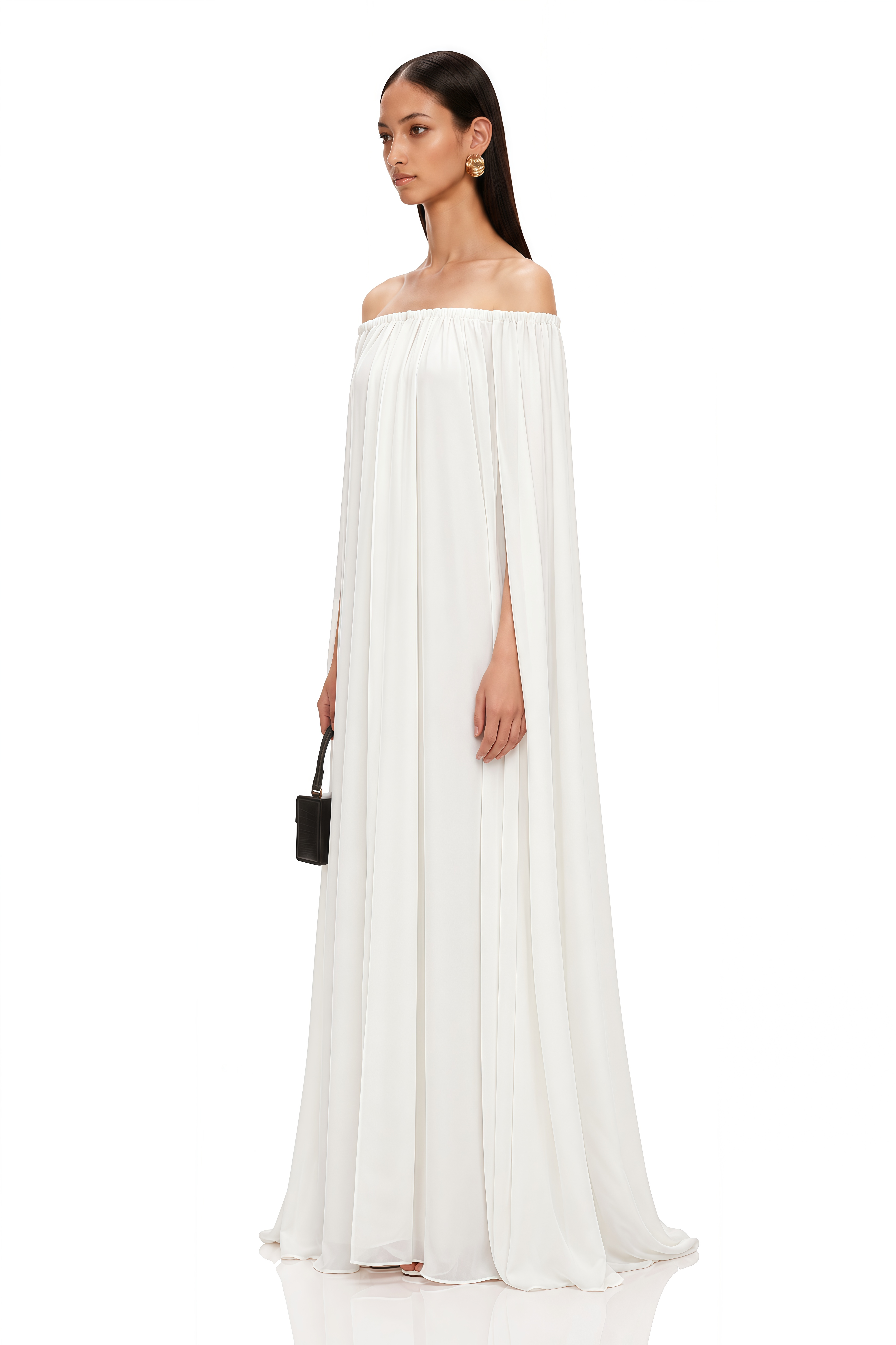 Patrizia White Cape-Design Draped Tulle Maxi Dress