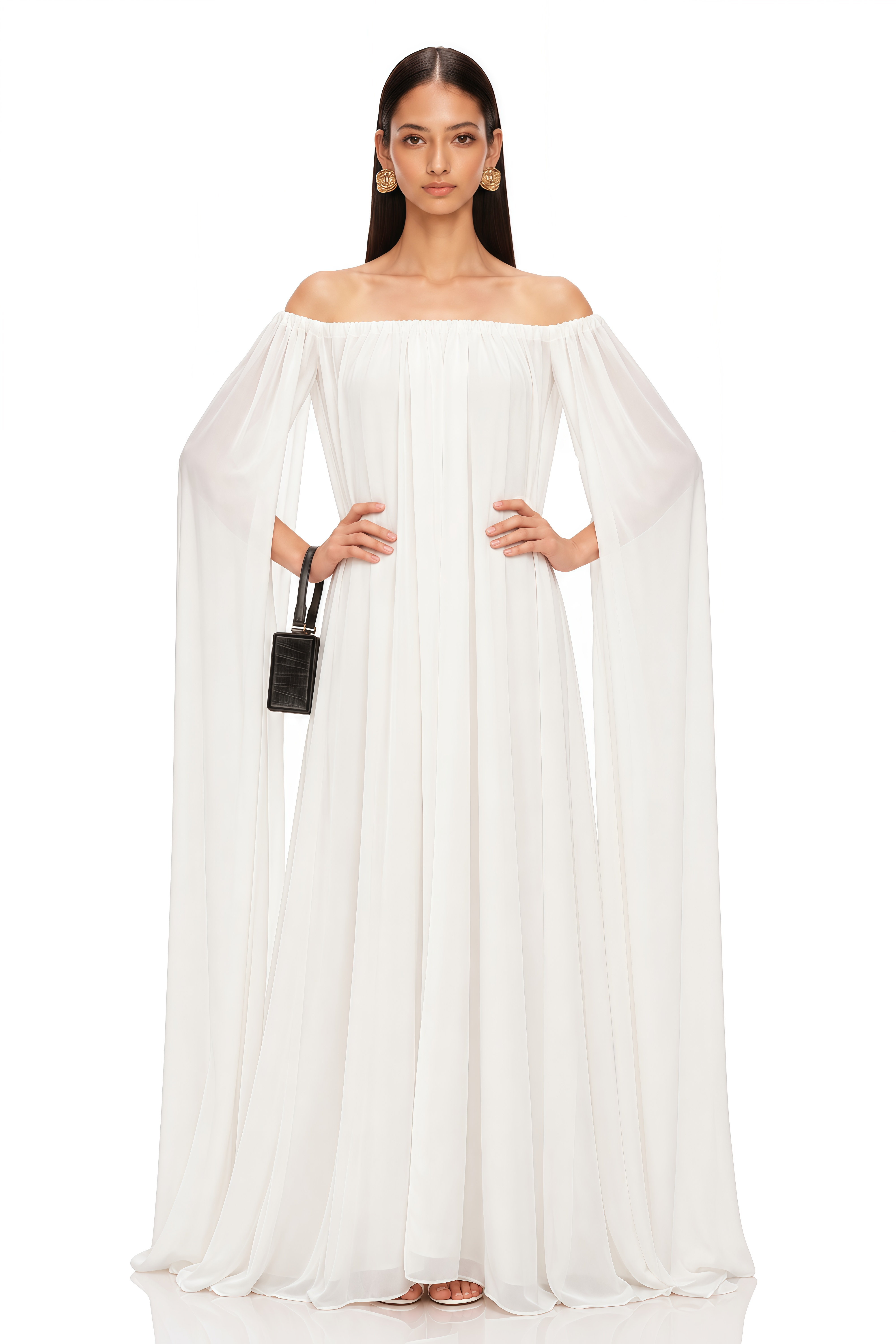 Patrizia White Cape-Design Draped Tulle Maxi Dress