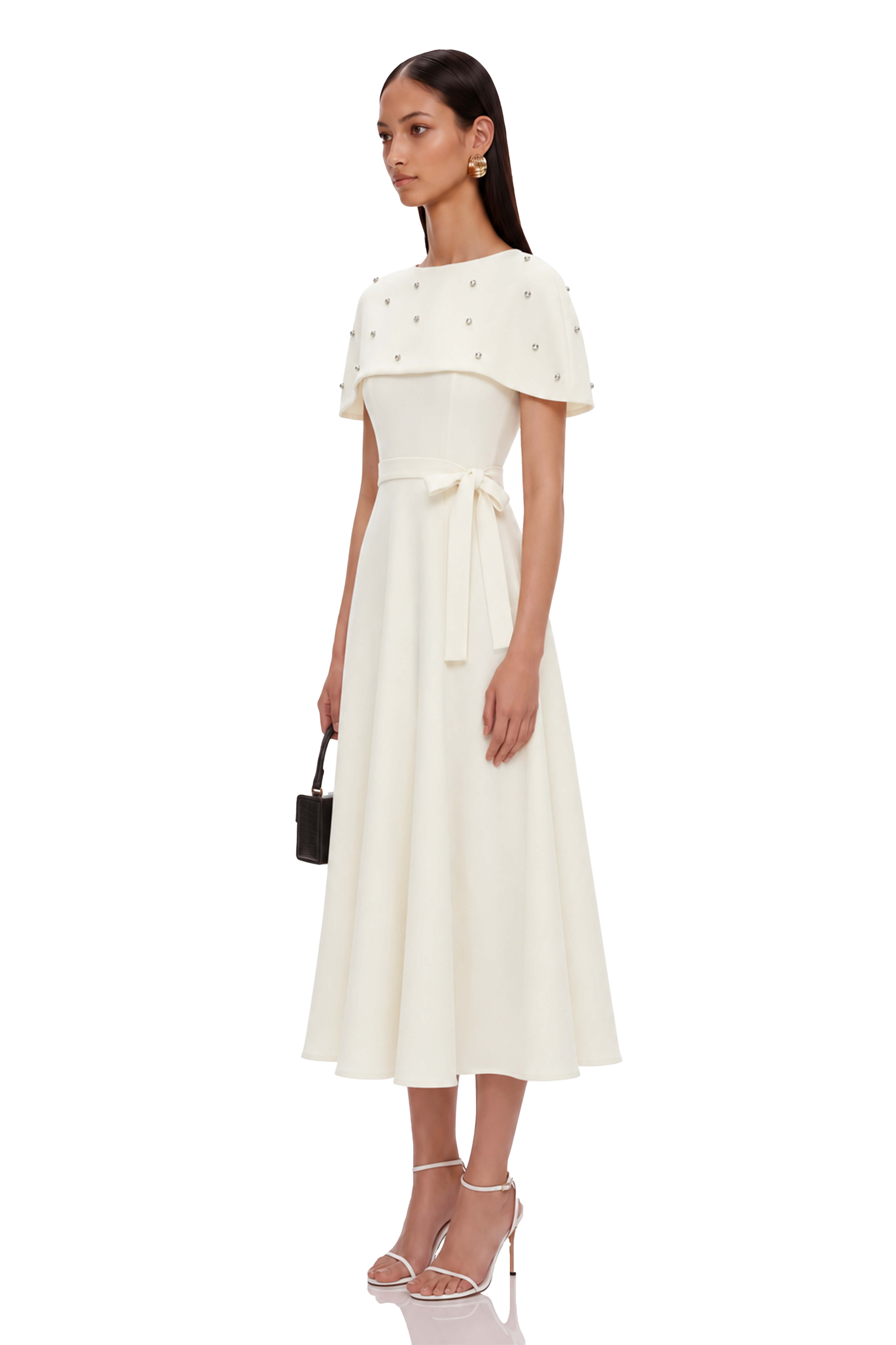 Sawda White Embellished Midi Dress with Cape