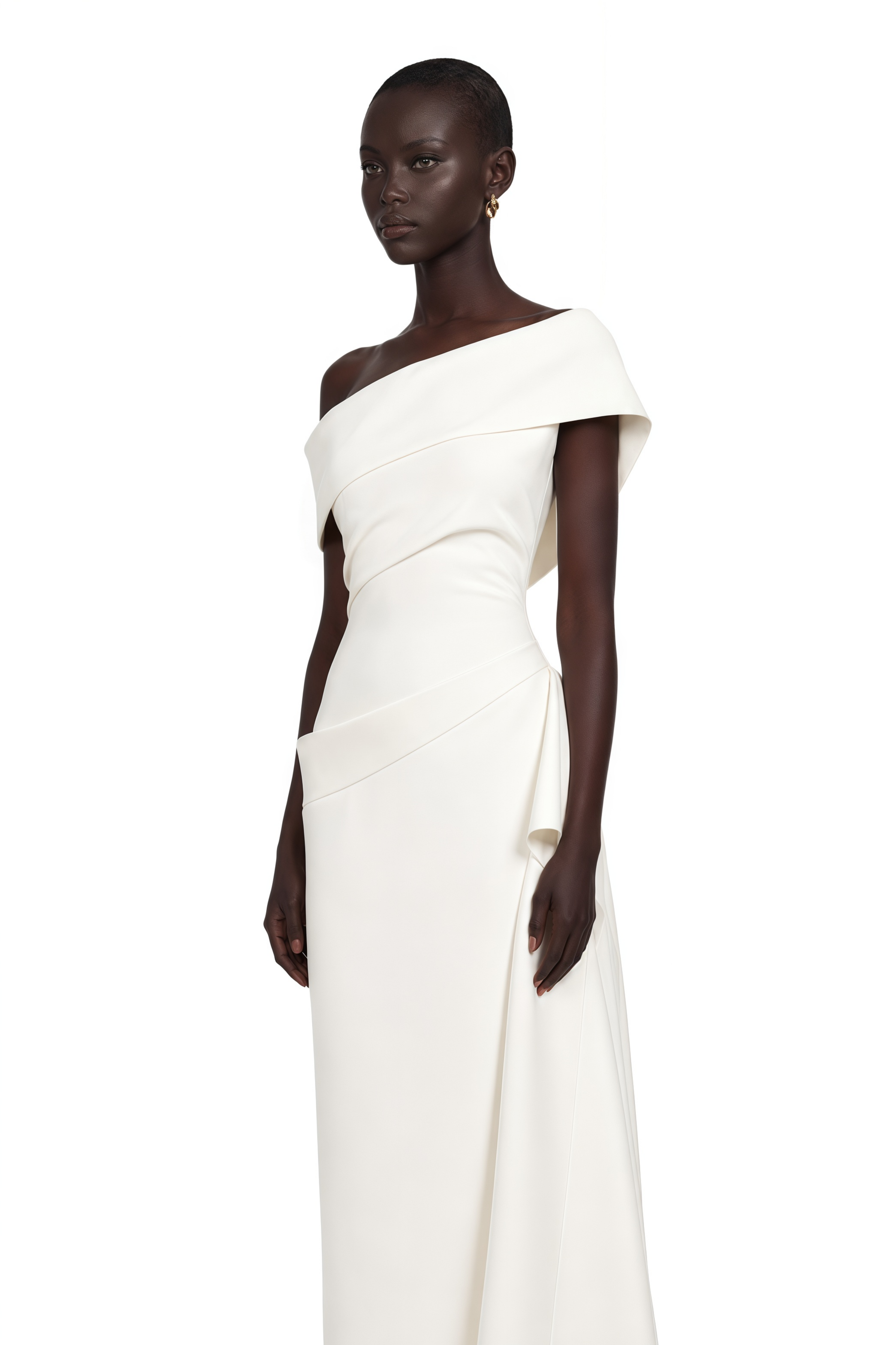 Kare White Asymmetrical Gathered Midi Dress