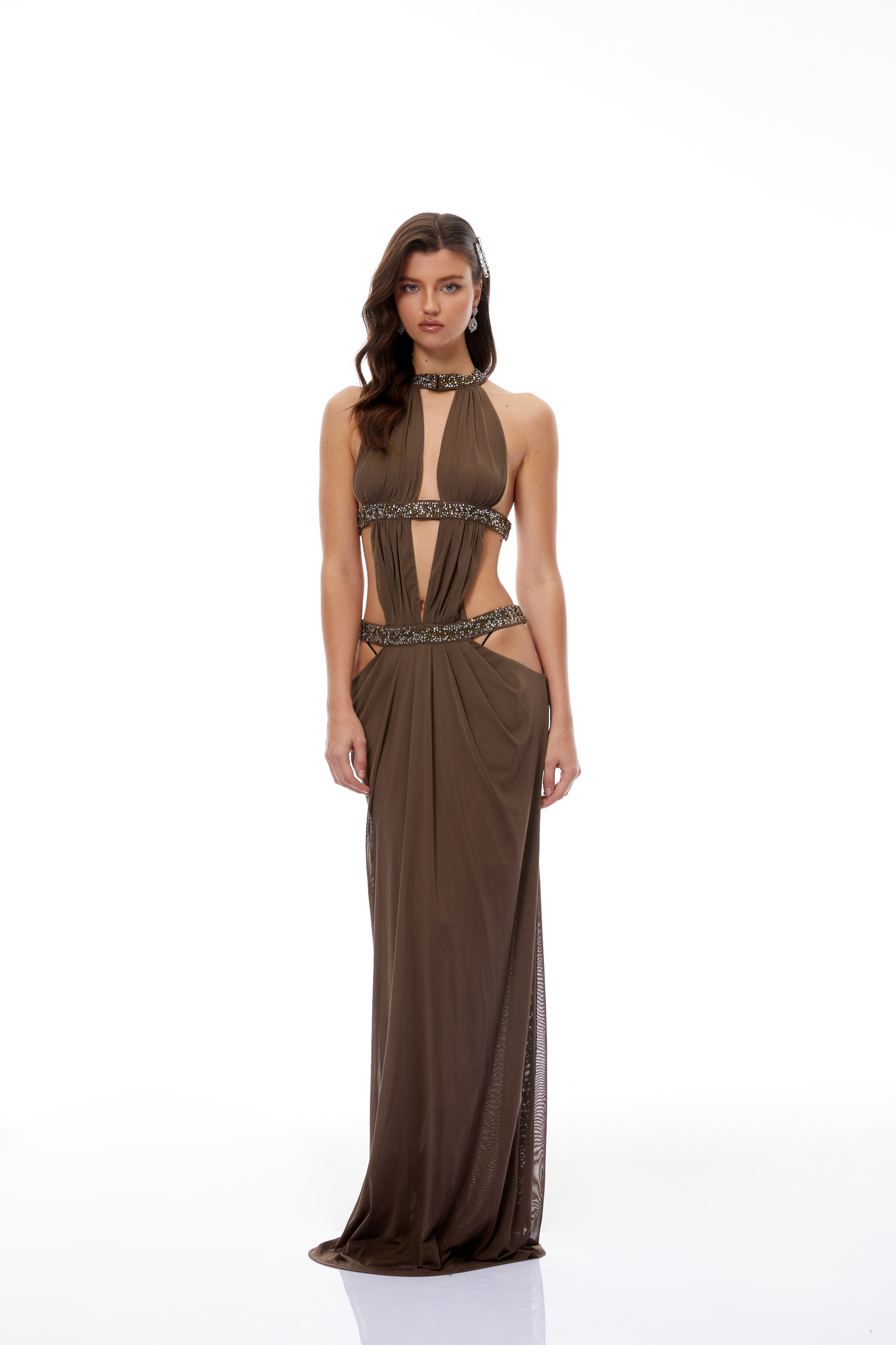 Brown Cut-out Ruched Maxi Dress
