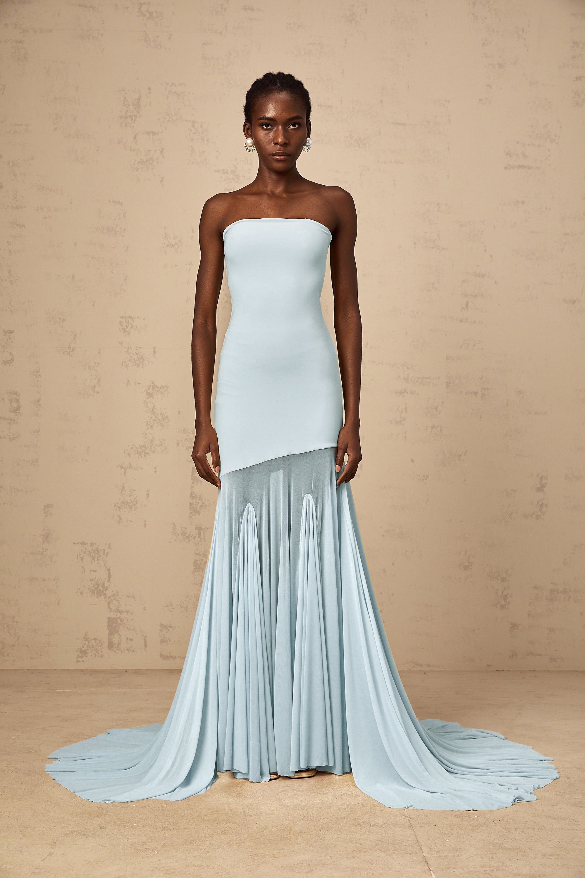 Josiane Blue Off-shoulder Sheer Tulle Maxi Dress – Miss Rosier