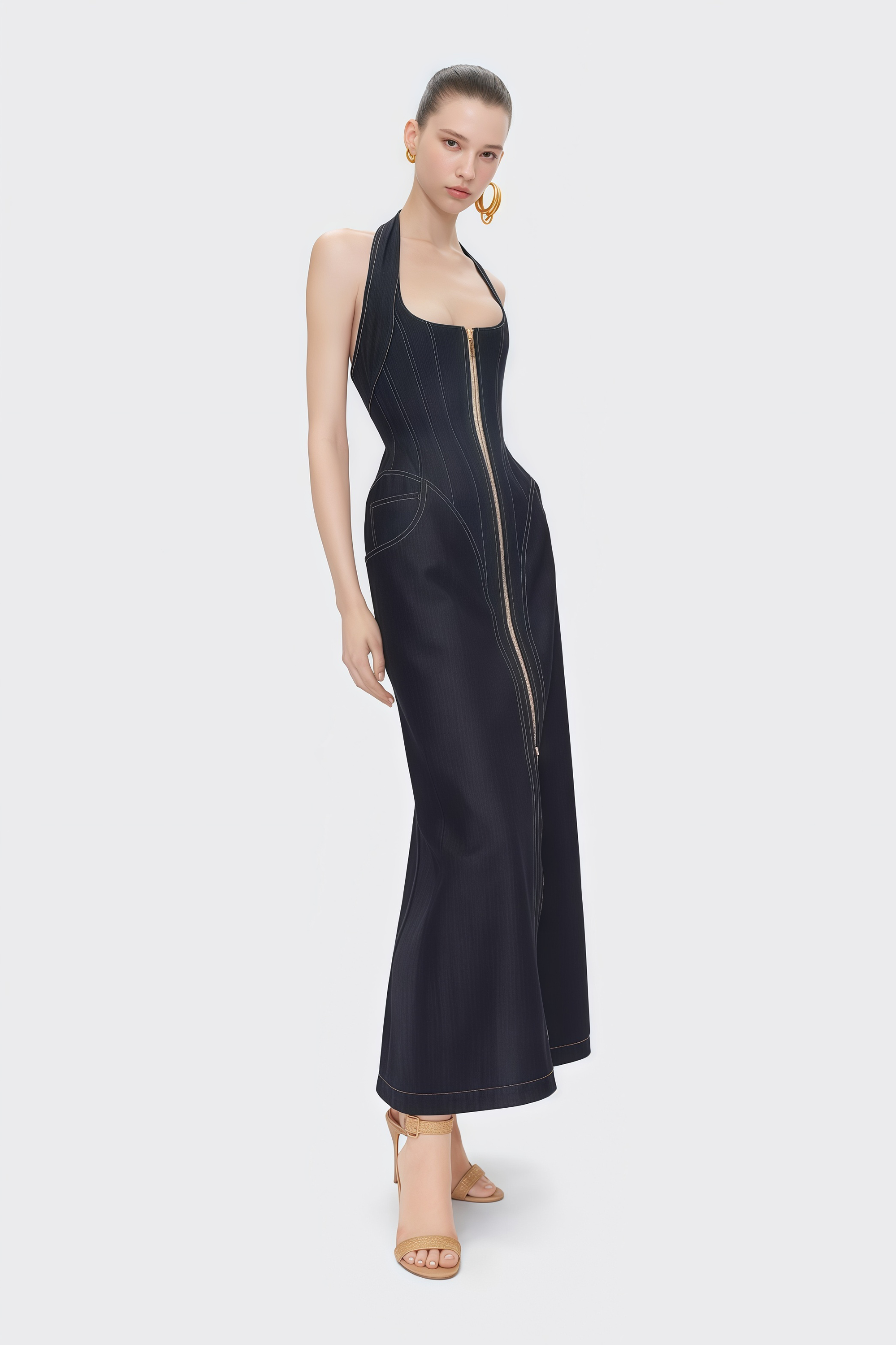 Adrienne Denim Front-Slit Contrast-Stitching Maxi Dress (Final Sale)
