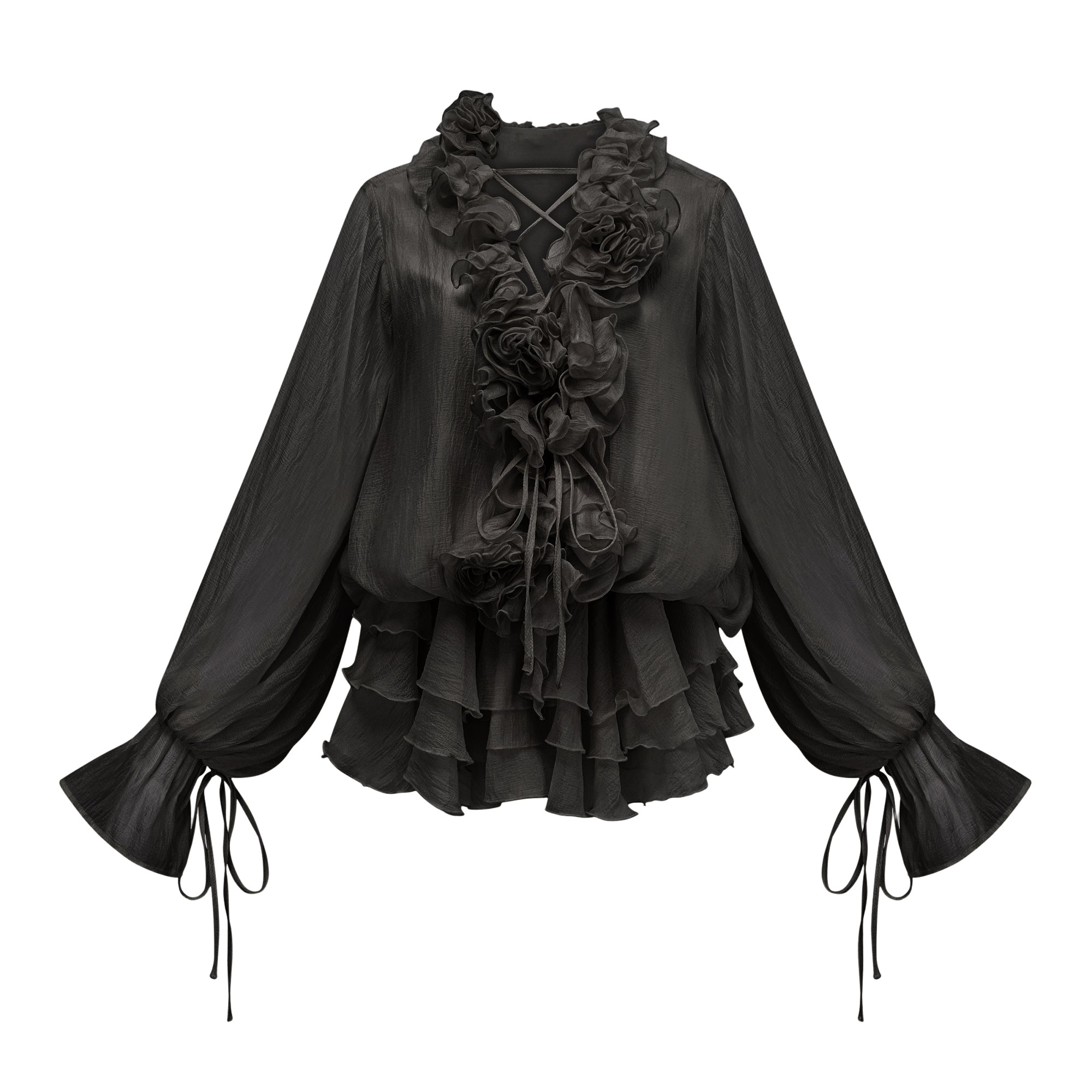 Zéphyrine Floral-Appliqué Tiered Mini Dress in Black