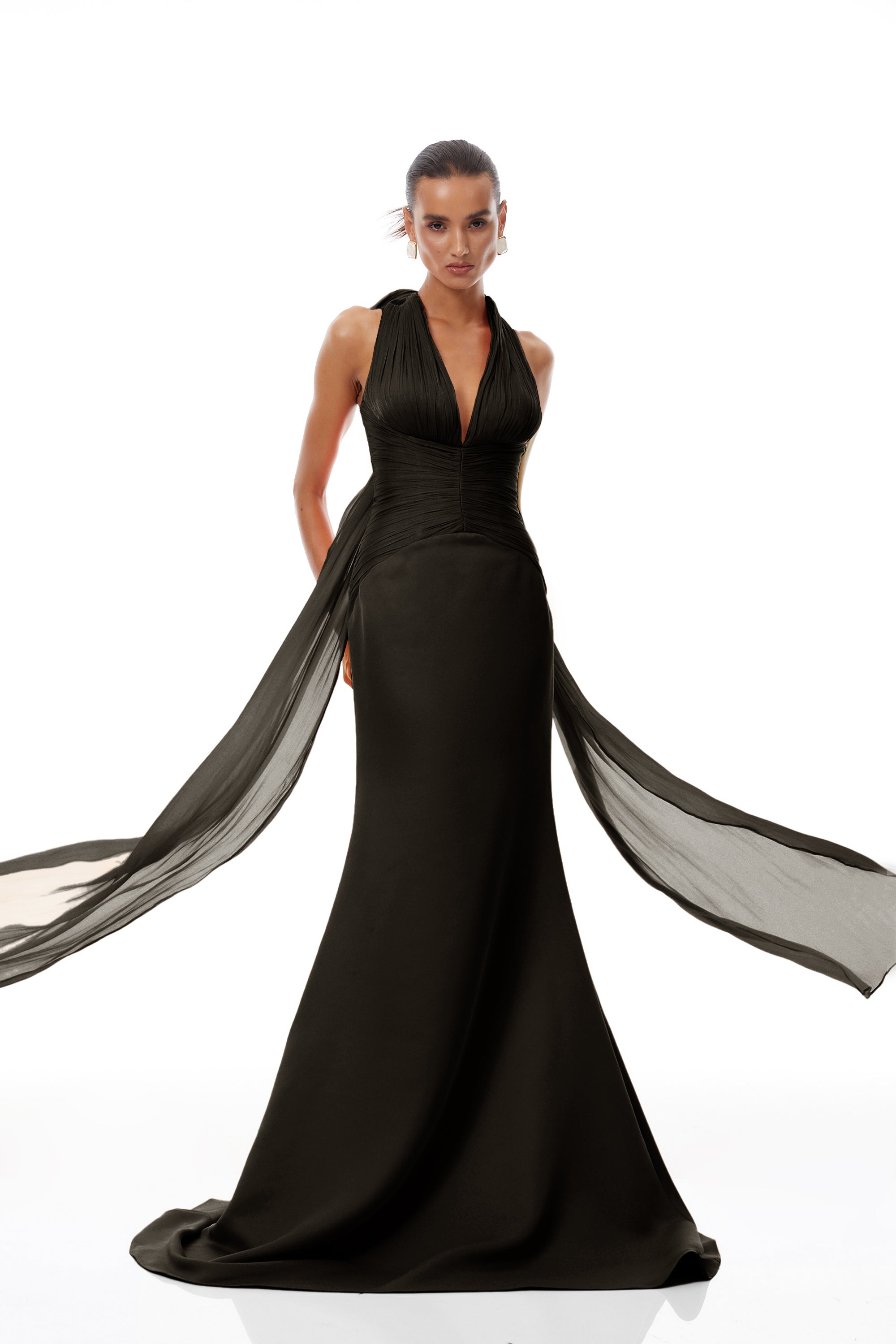 Emmeline Black Train Design Gathered Maxi Dress – Miss Rosier