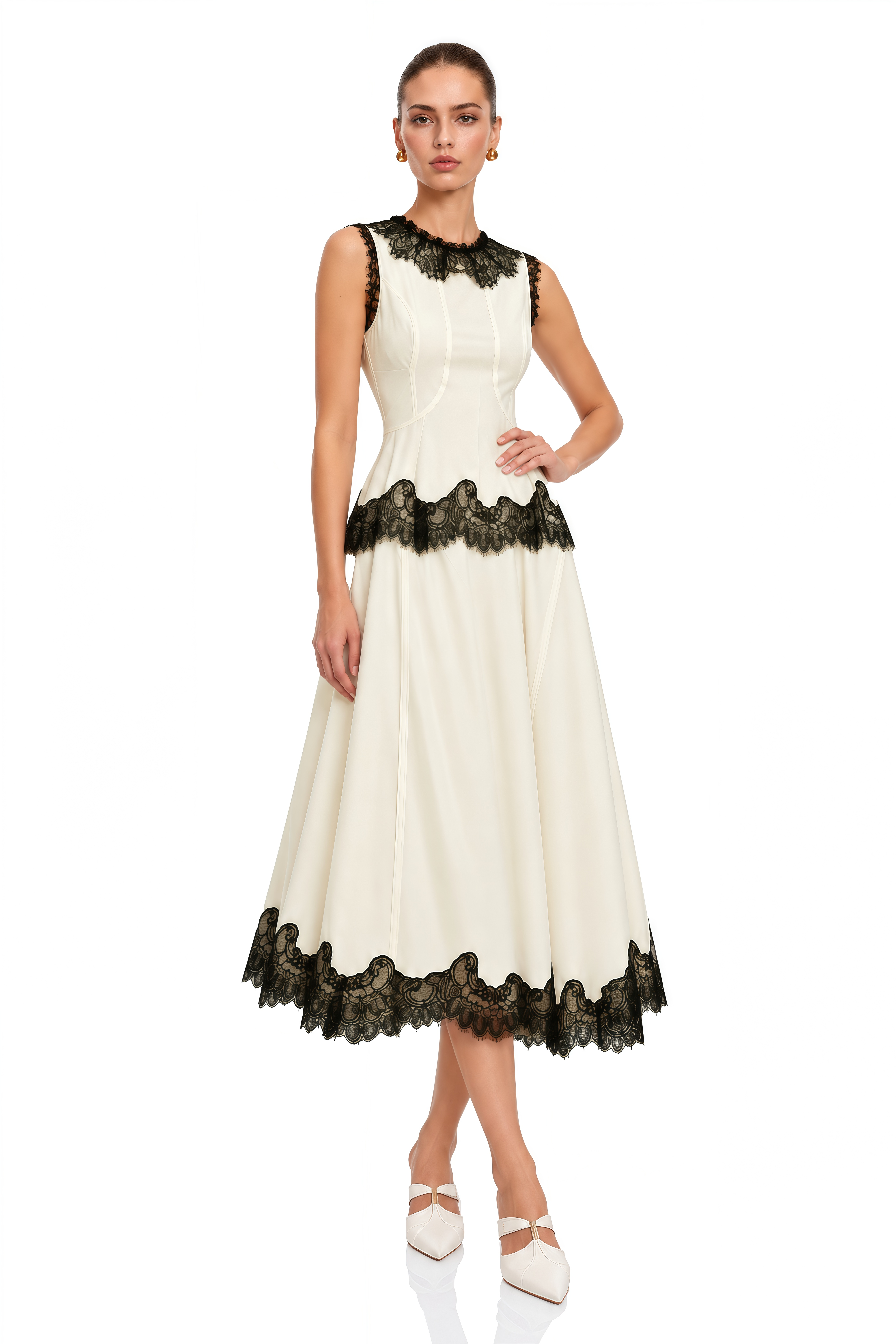 Zsofia Neutral Lace Panel Chiffon Top & Skirt Matching Set