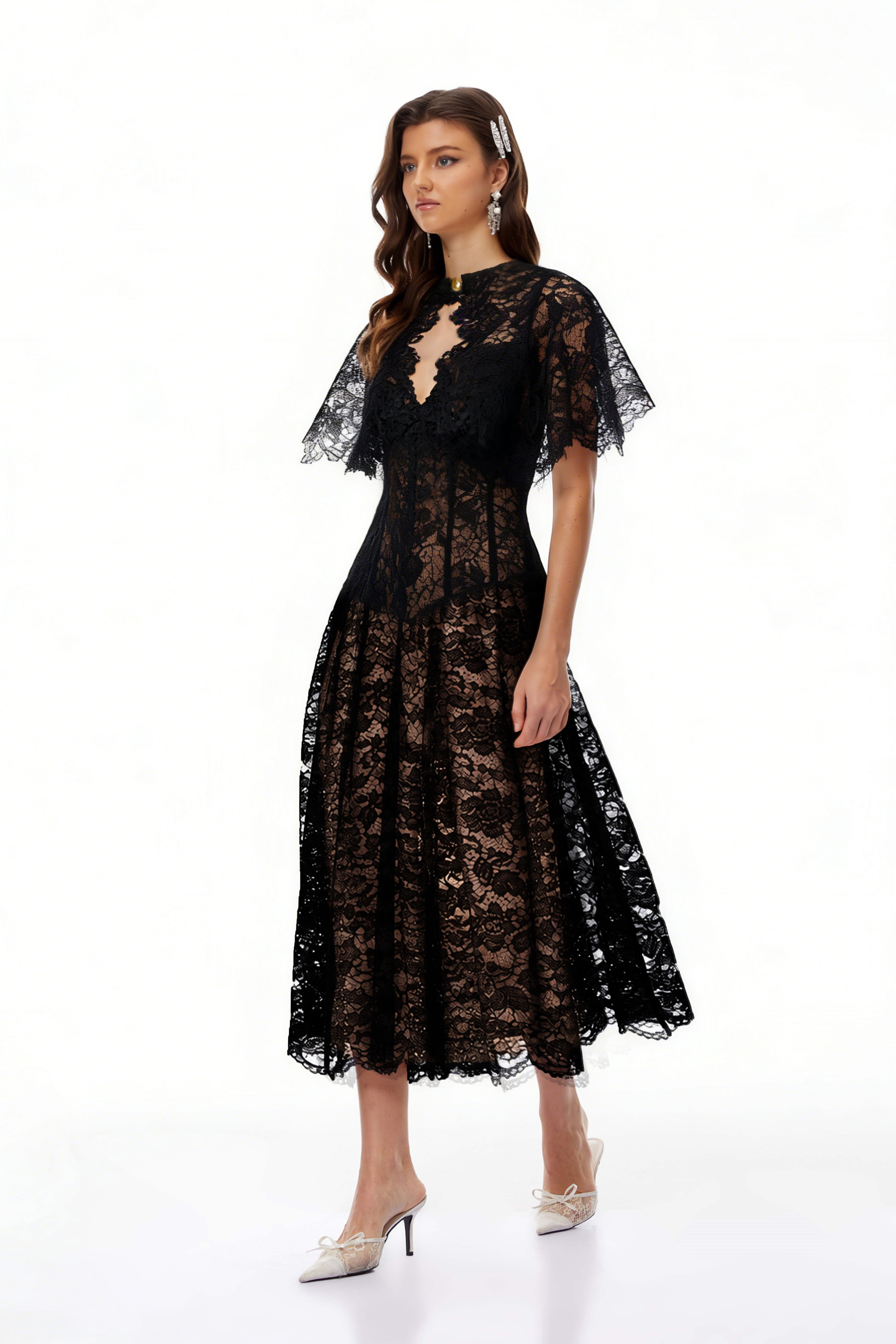 Alaia Black Cape Design Floral Lace Midi Dress – Miss Rosier
