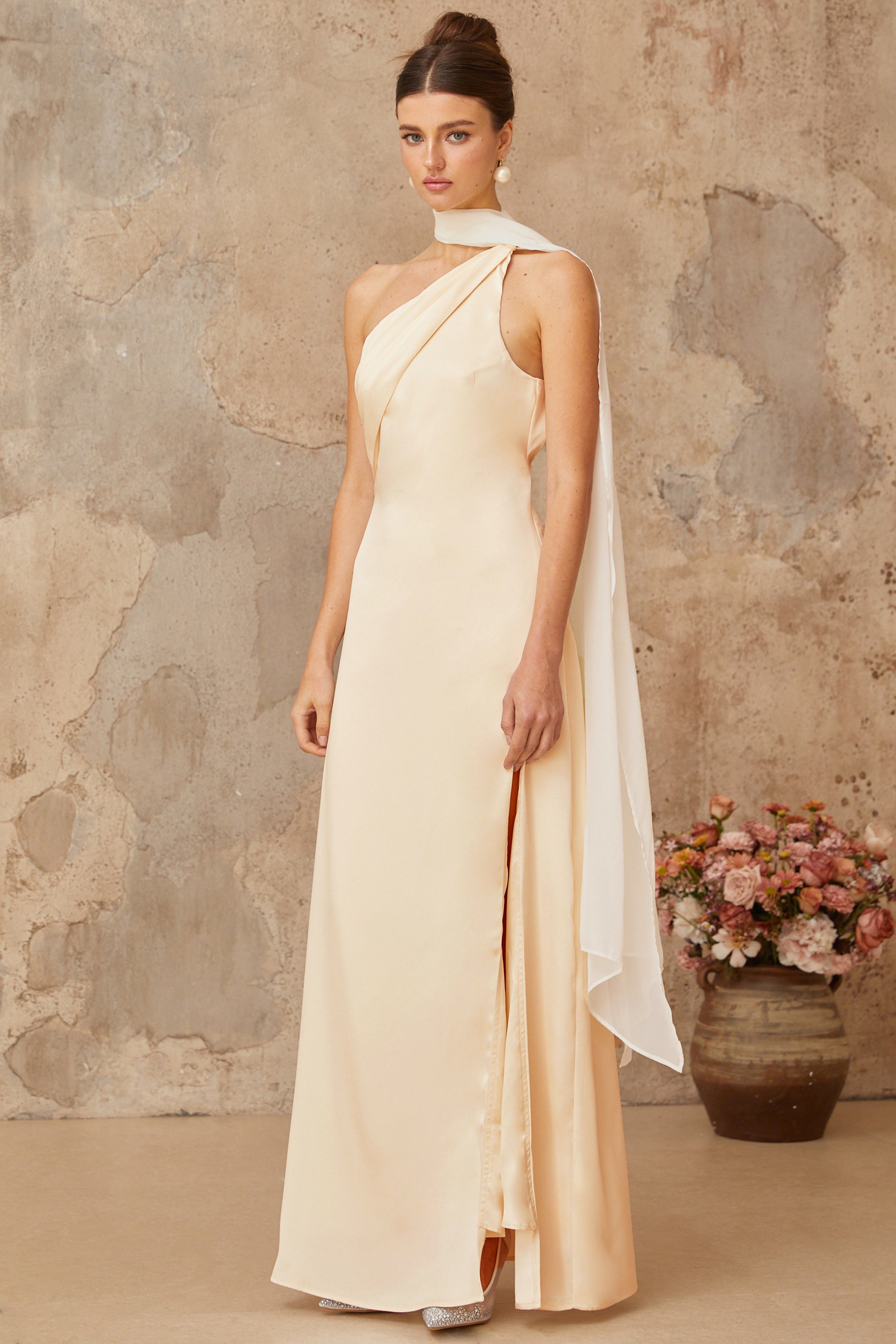 Thérèse neutral scarf-design satin maxi dress