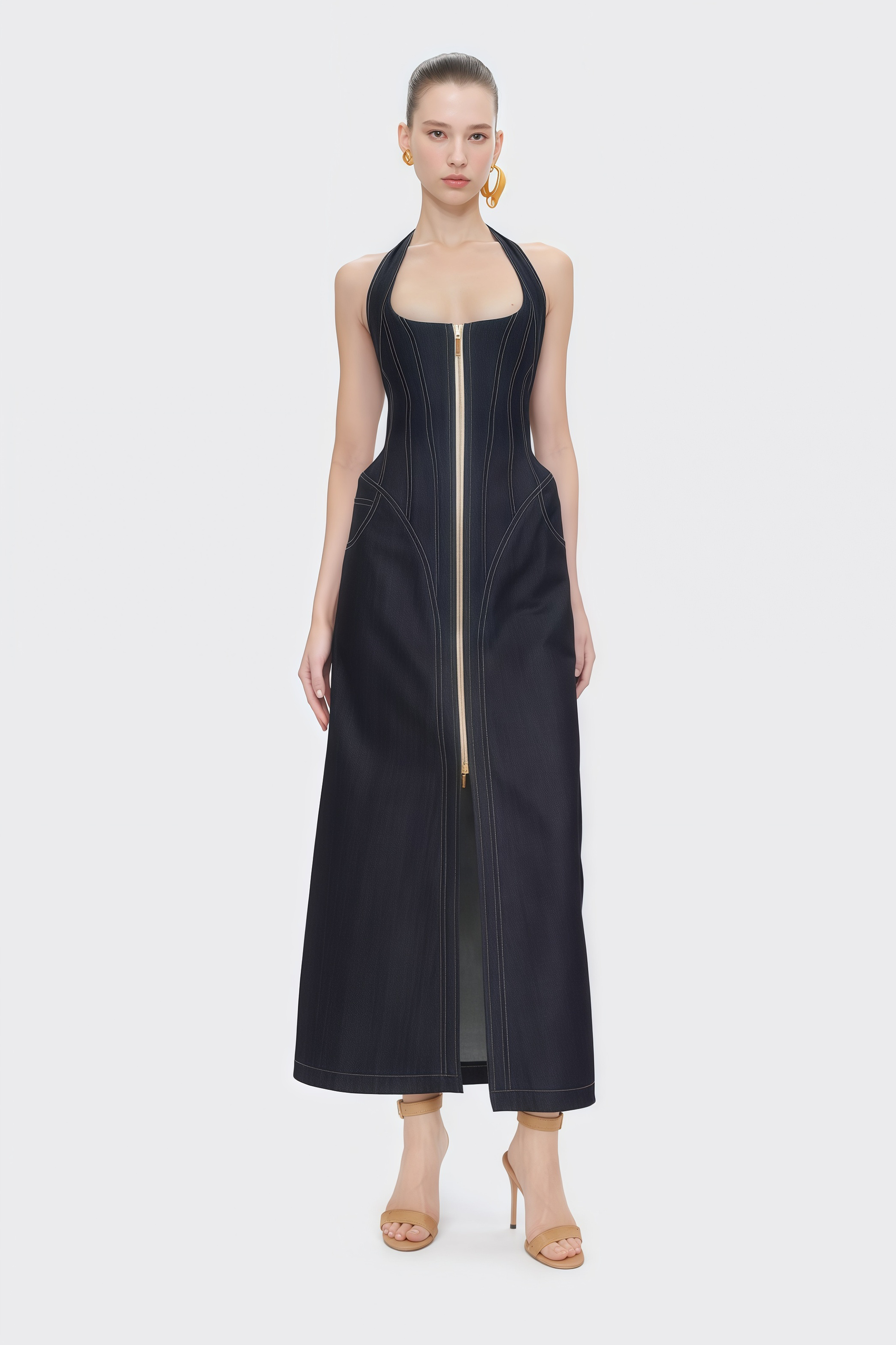 Adrienne Denim Front-Slit Contrast-Stitching Maxi Dress (Final Sale)