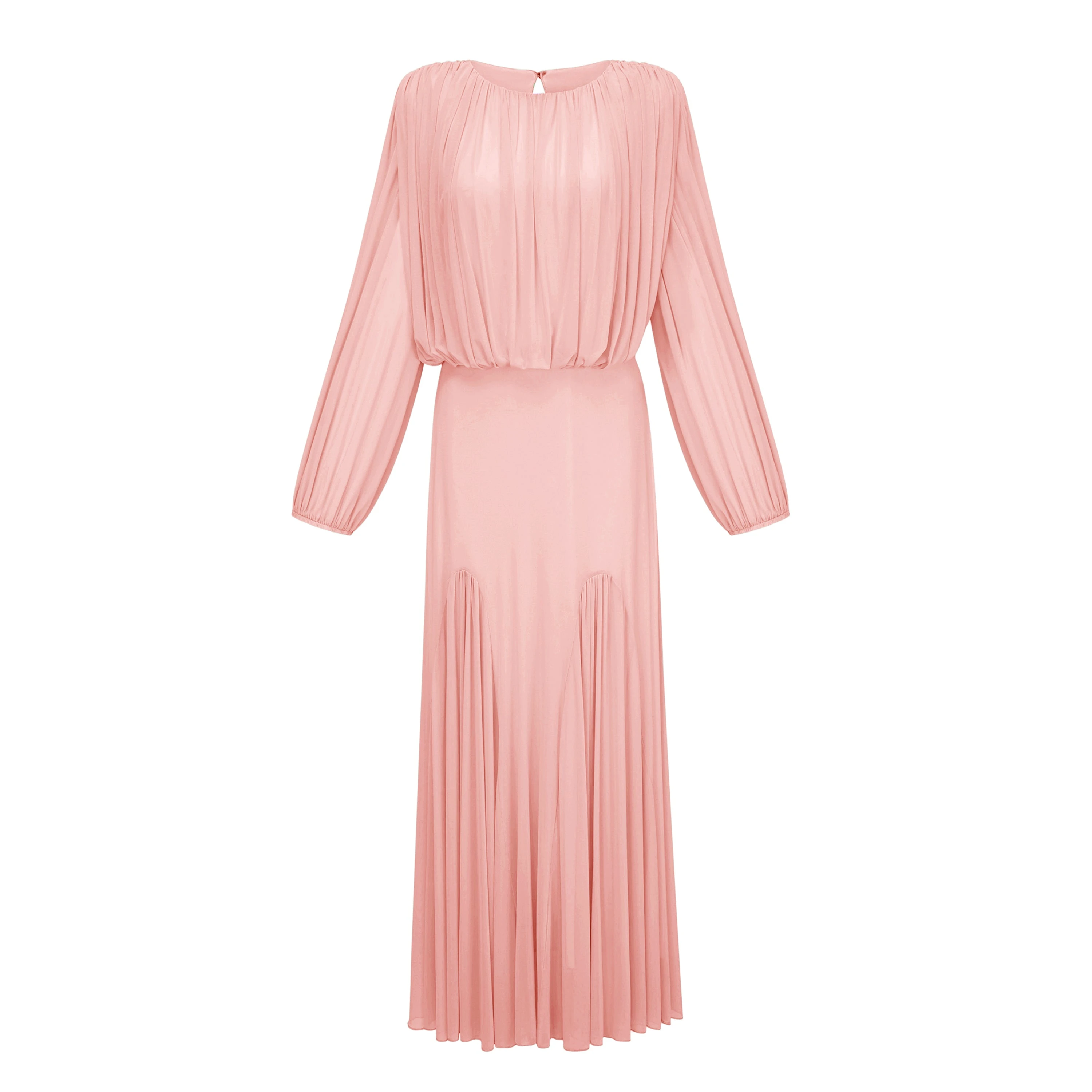 Pink pleated lantern-sleeve maxi dress