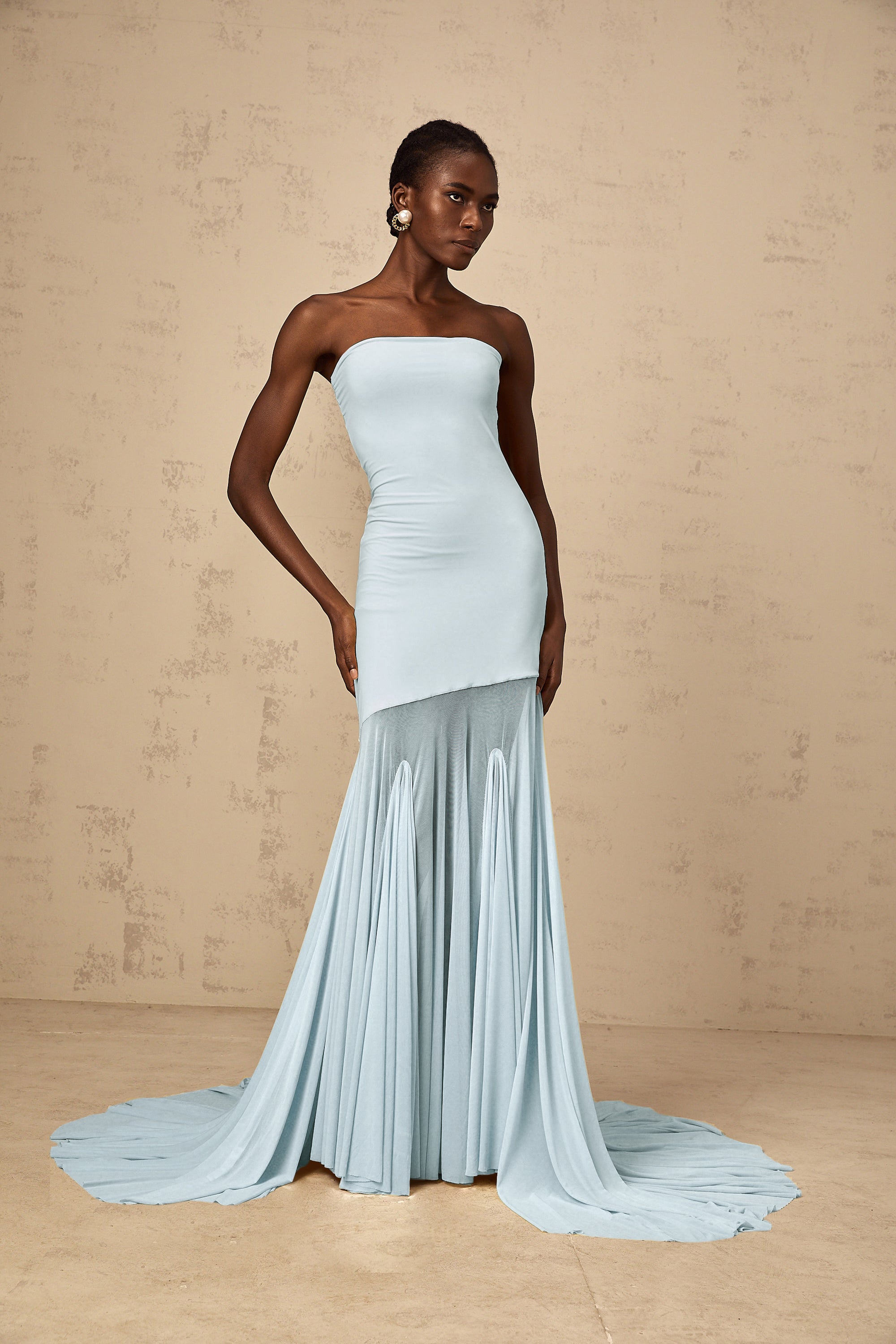 Josiane Blue Off-shoulder Sheer Tulle Maxi Dress – Miss Rosier