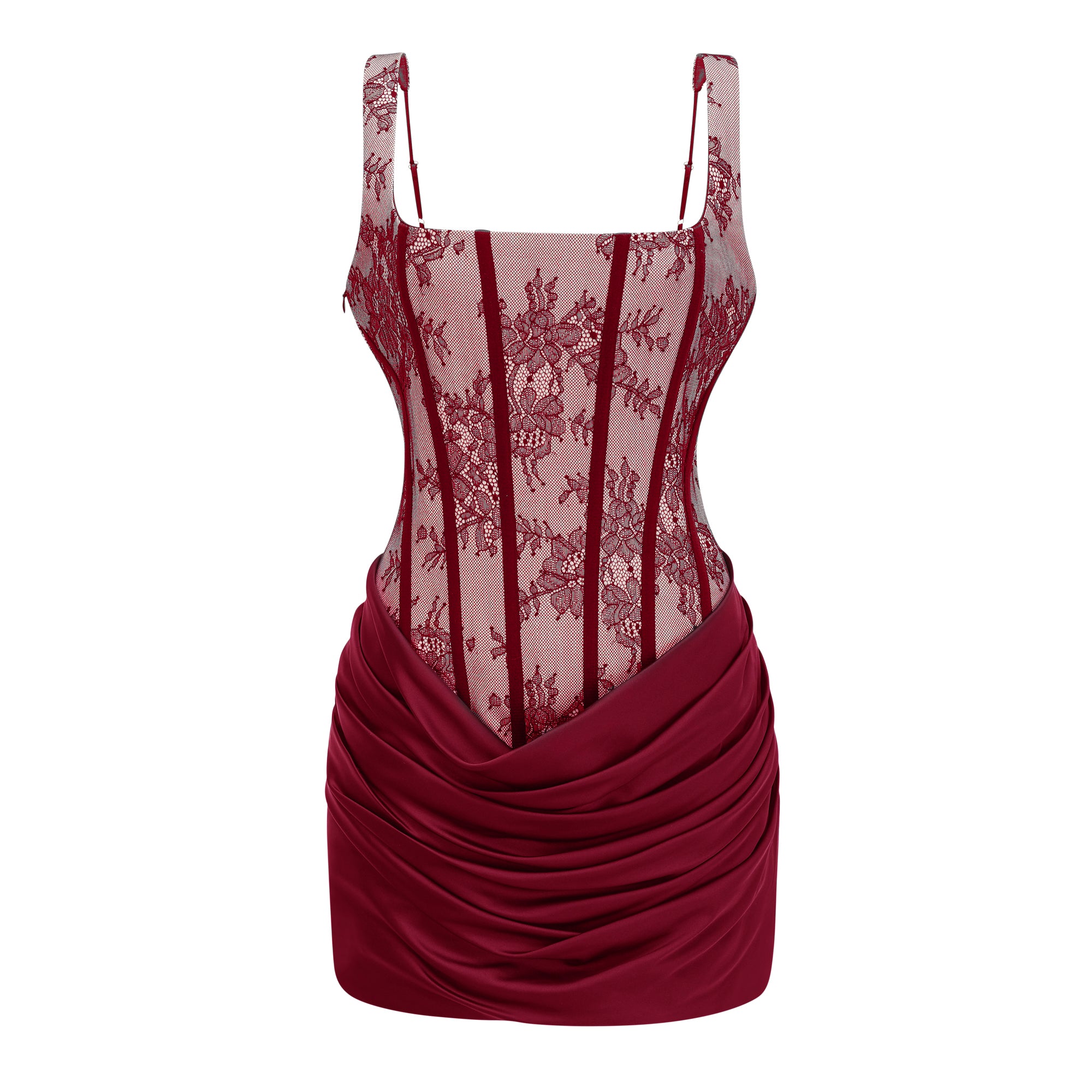 Olesya Red Ruched Mini Dress with Lace Panels
