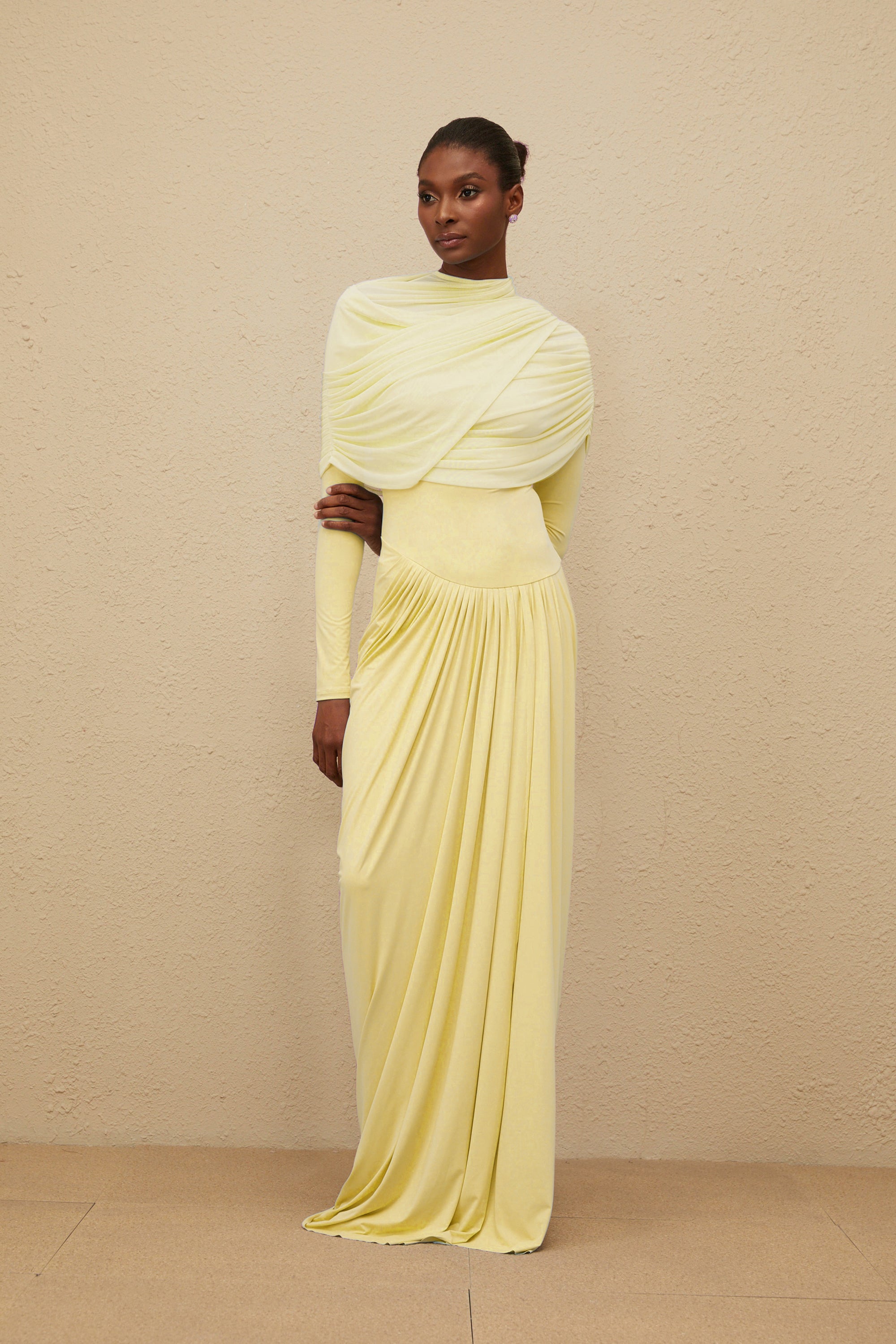 Catherine Yellow Asymmetrical Pleated Long-Sleeve Maxi Dress – Miss Rosier