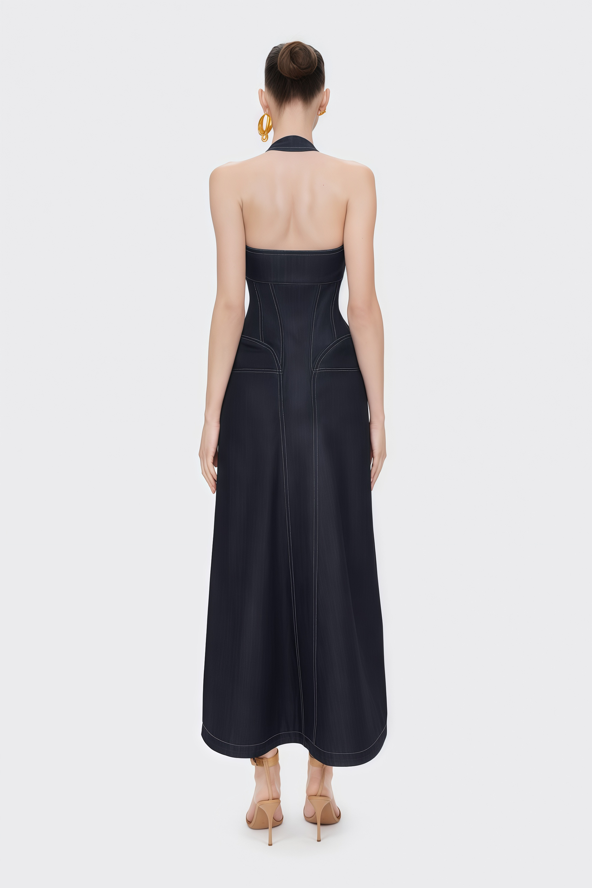 Adrienne Denim Front-Slit Contrast-Stitching Maxi Dress (Final Sale)