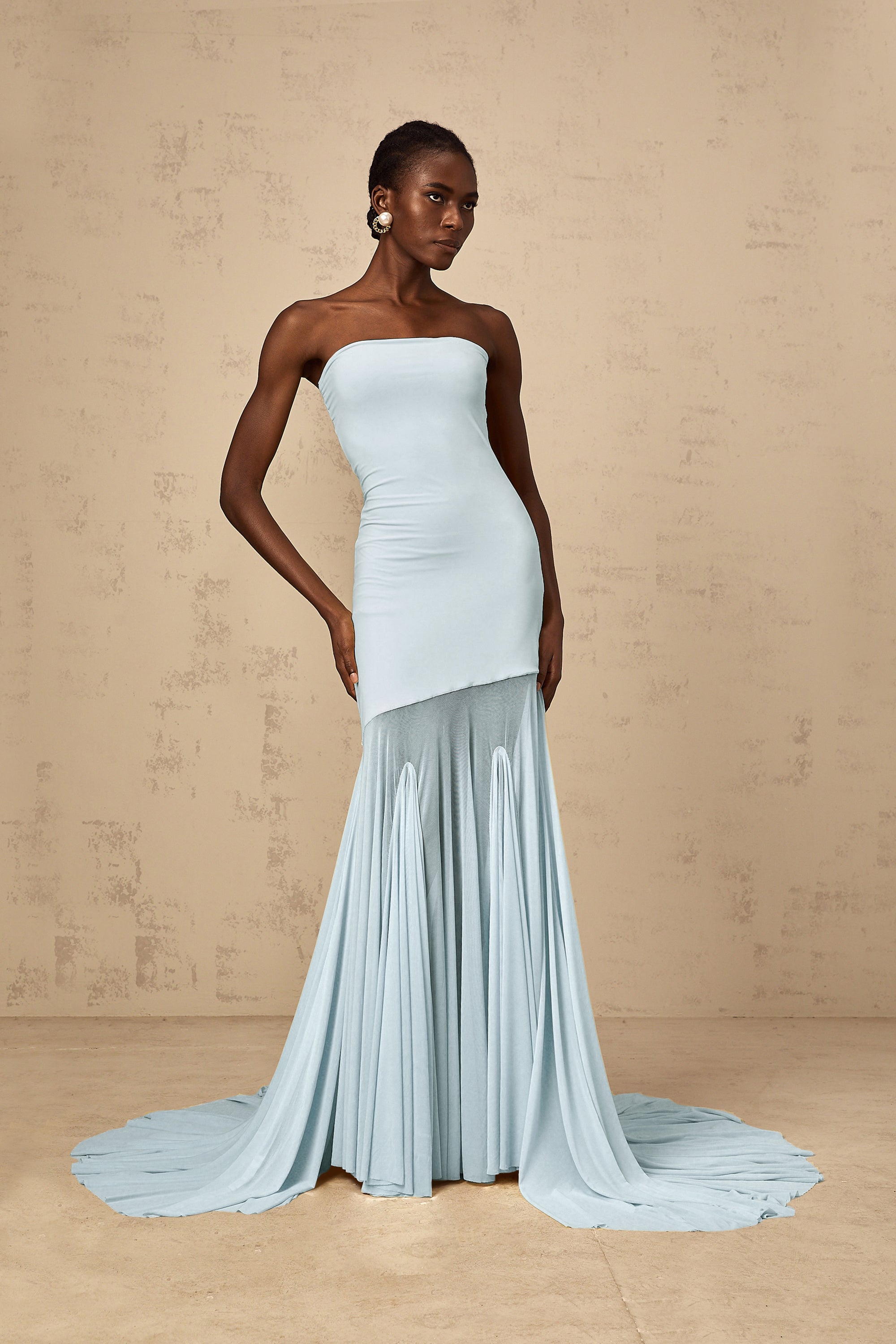 Josiane Blue Off-shoulder Sheer Tulle Maxi Dress – Miss Rosier