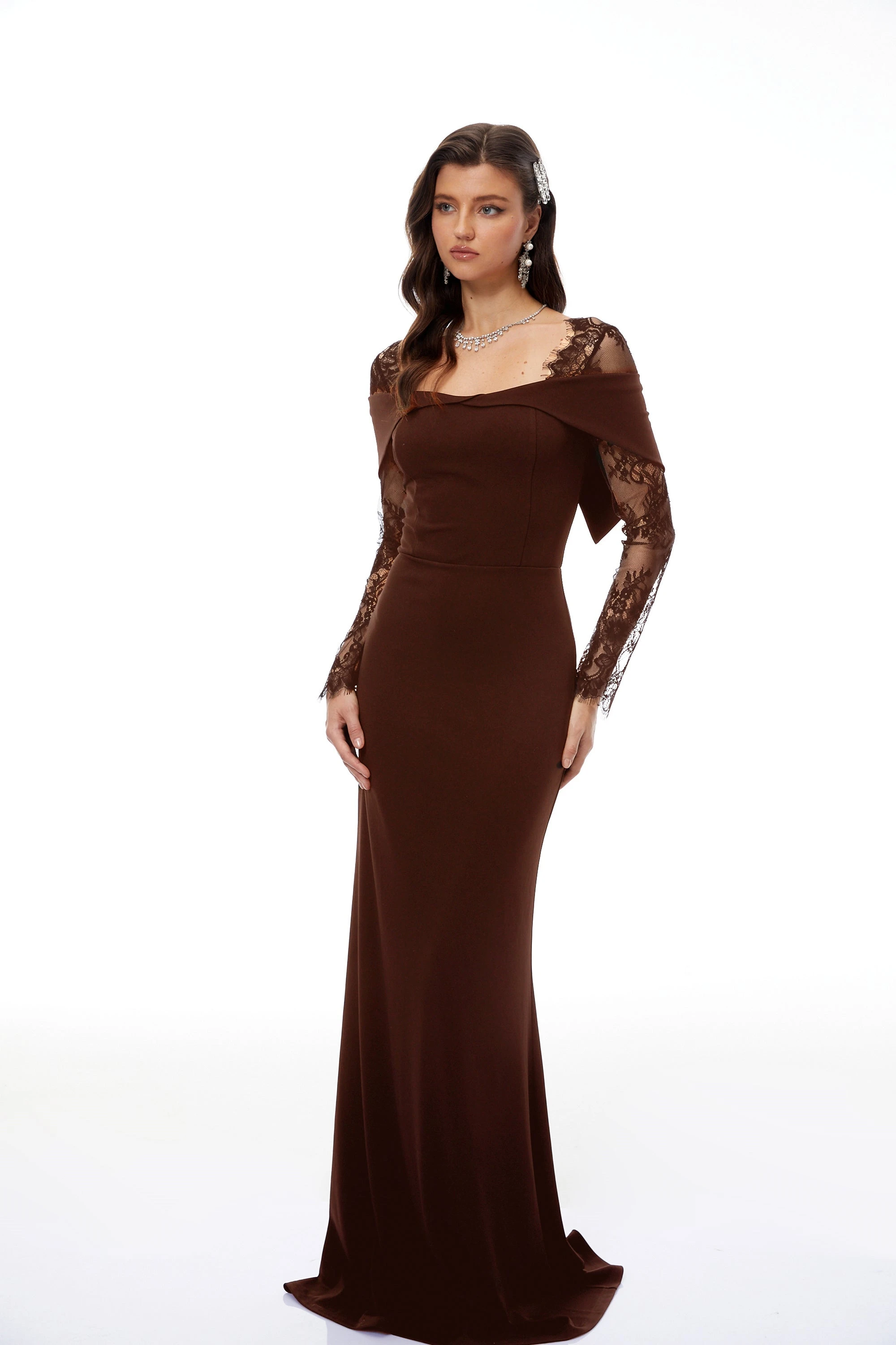  Lace Panel Flared Maxi Gown