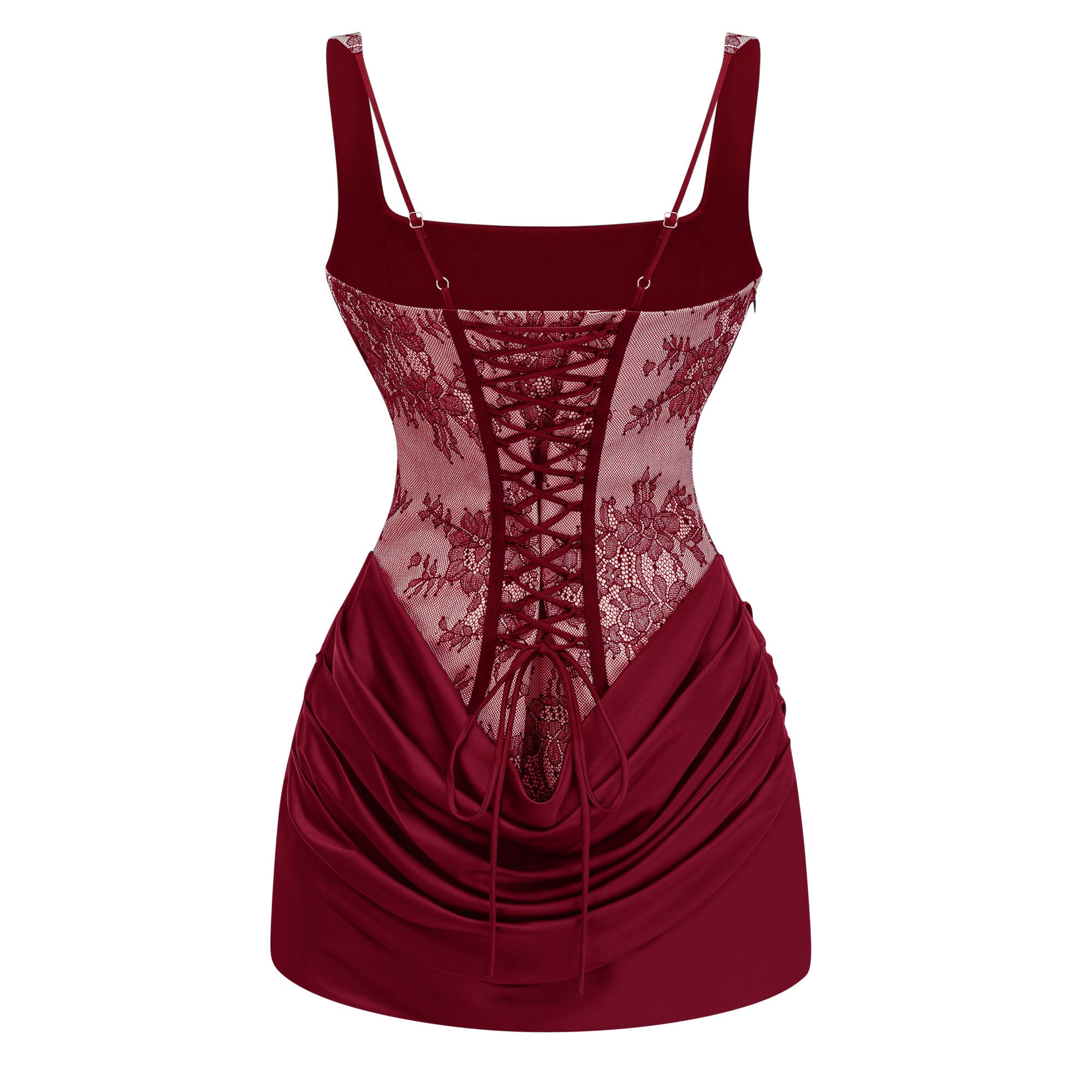 Olesya Red Ruched Mini Dress with Lace Panels