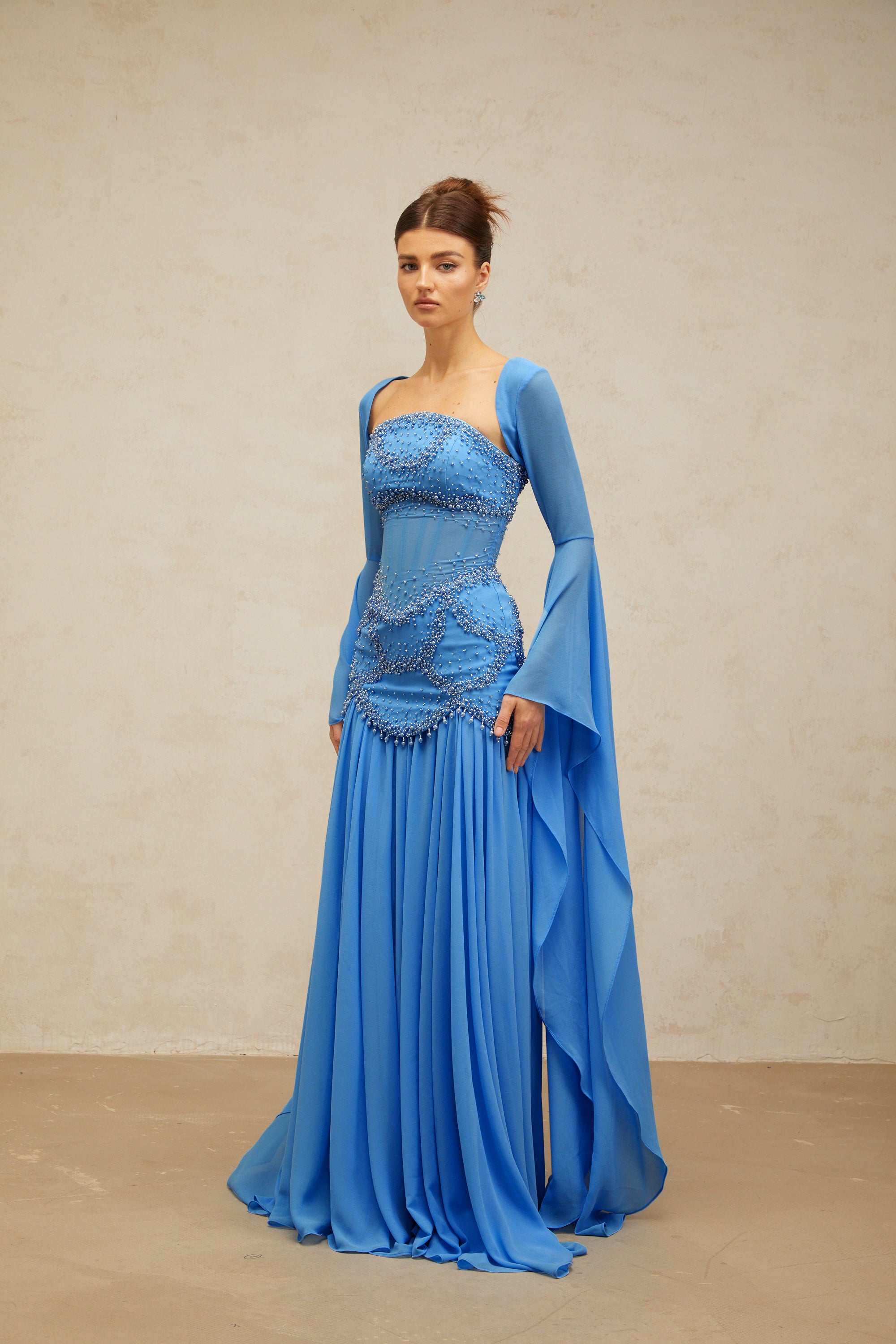 Gaëlle Blue Faux-pearl-embellished Pleated Maxi Dress – Miss