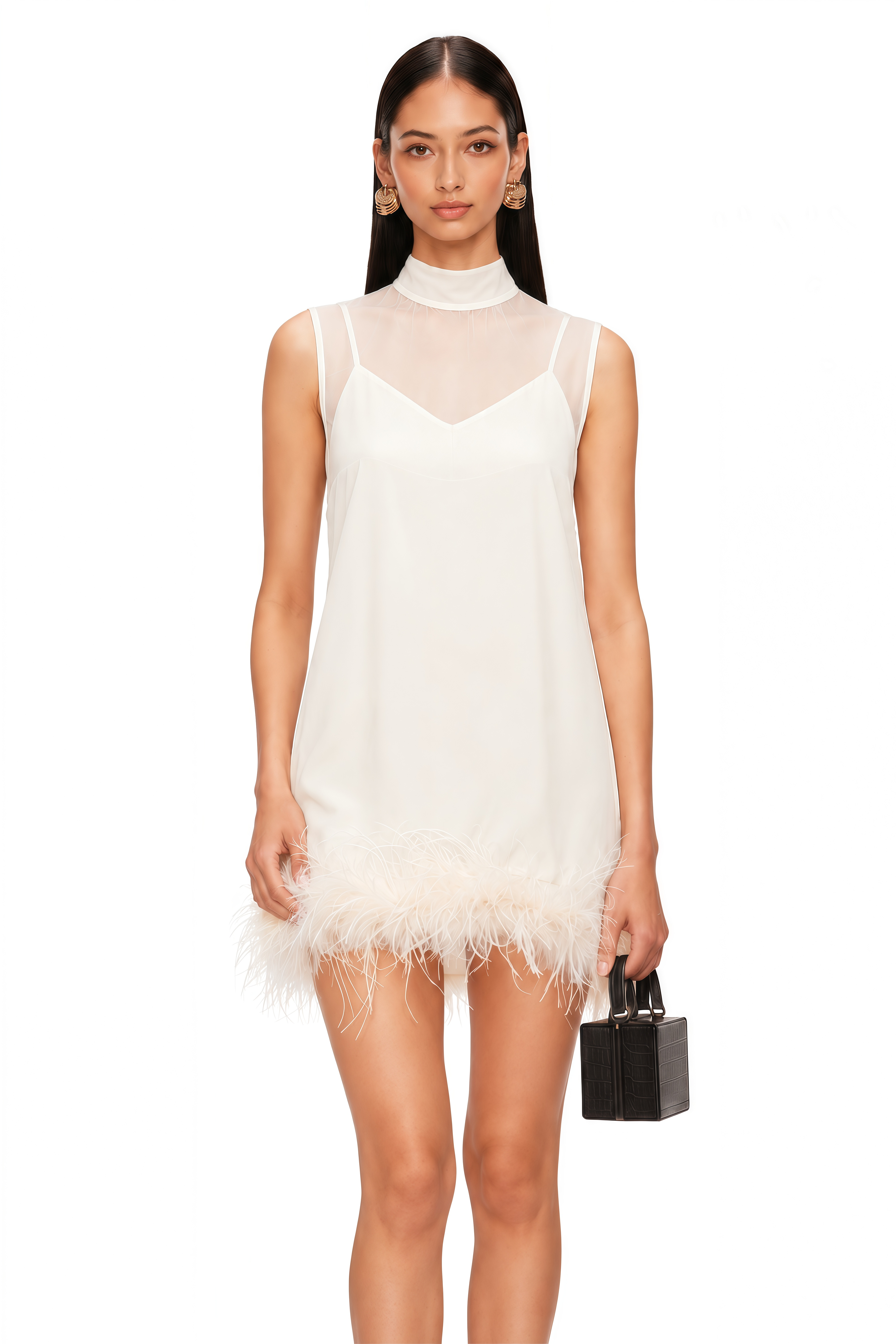 Adrienne White Feather Trim Mini Dress
