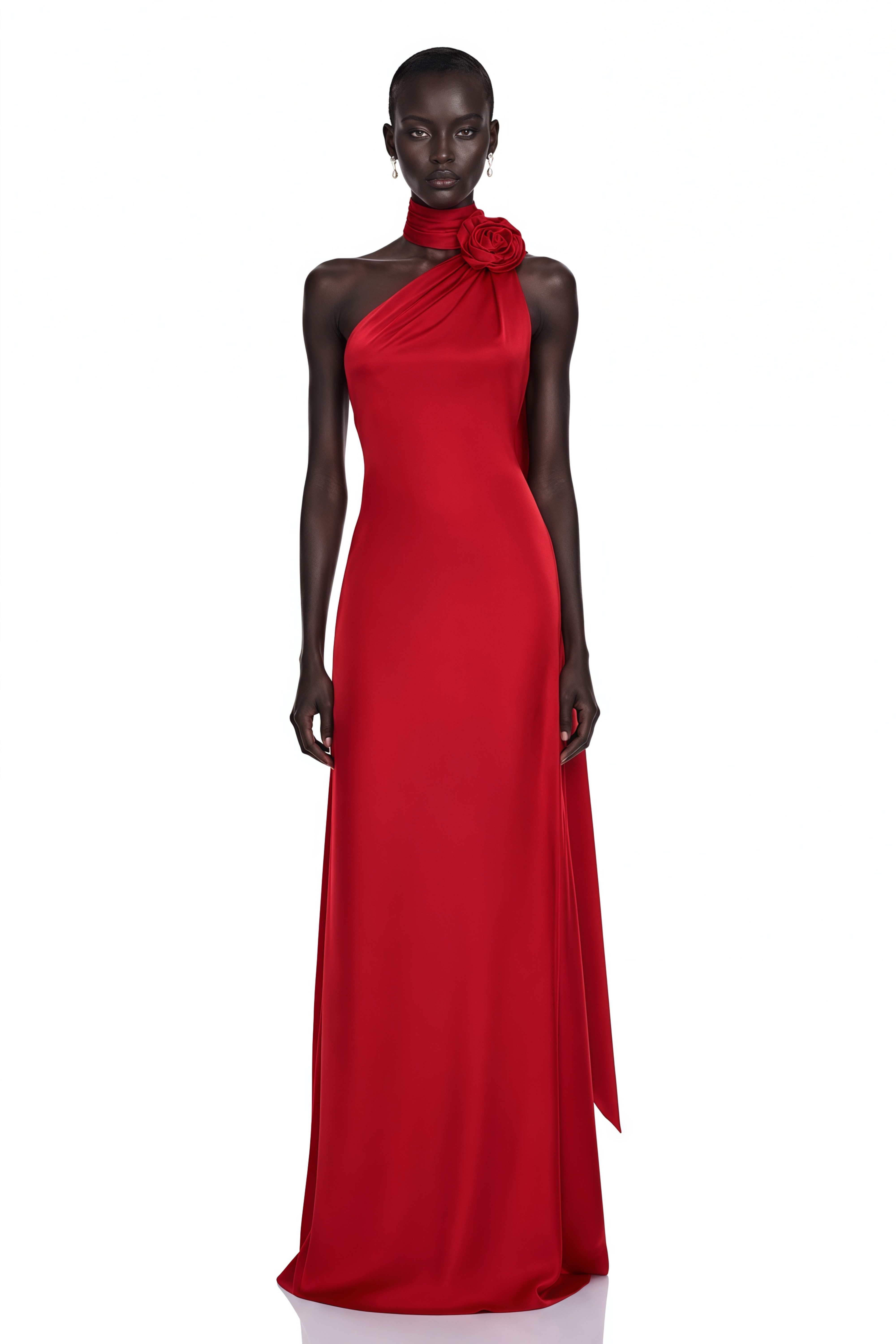 Frederica Red Halterneck 3D Petal Maxi Dress