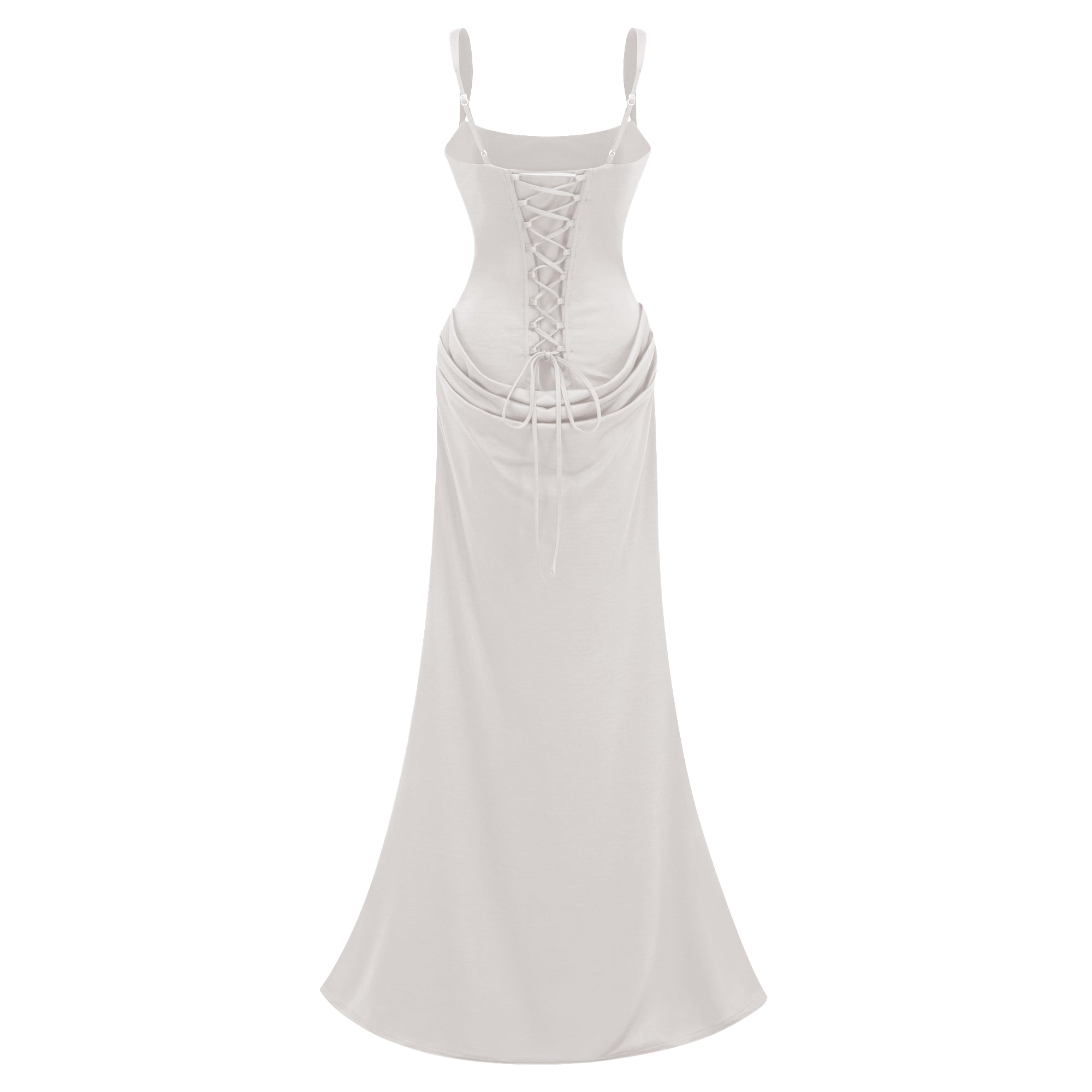 White sleeveless maxi dress with a corset-style bodice and draped hip detailing