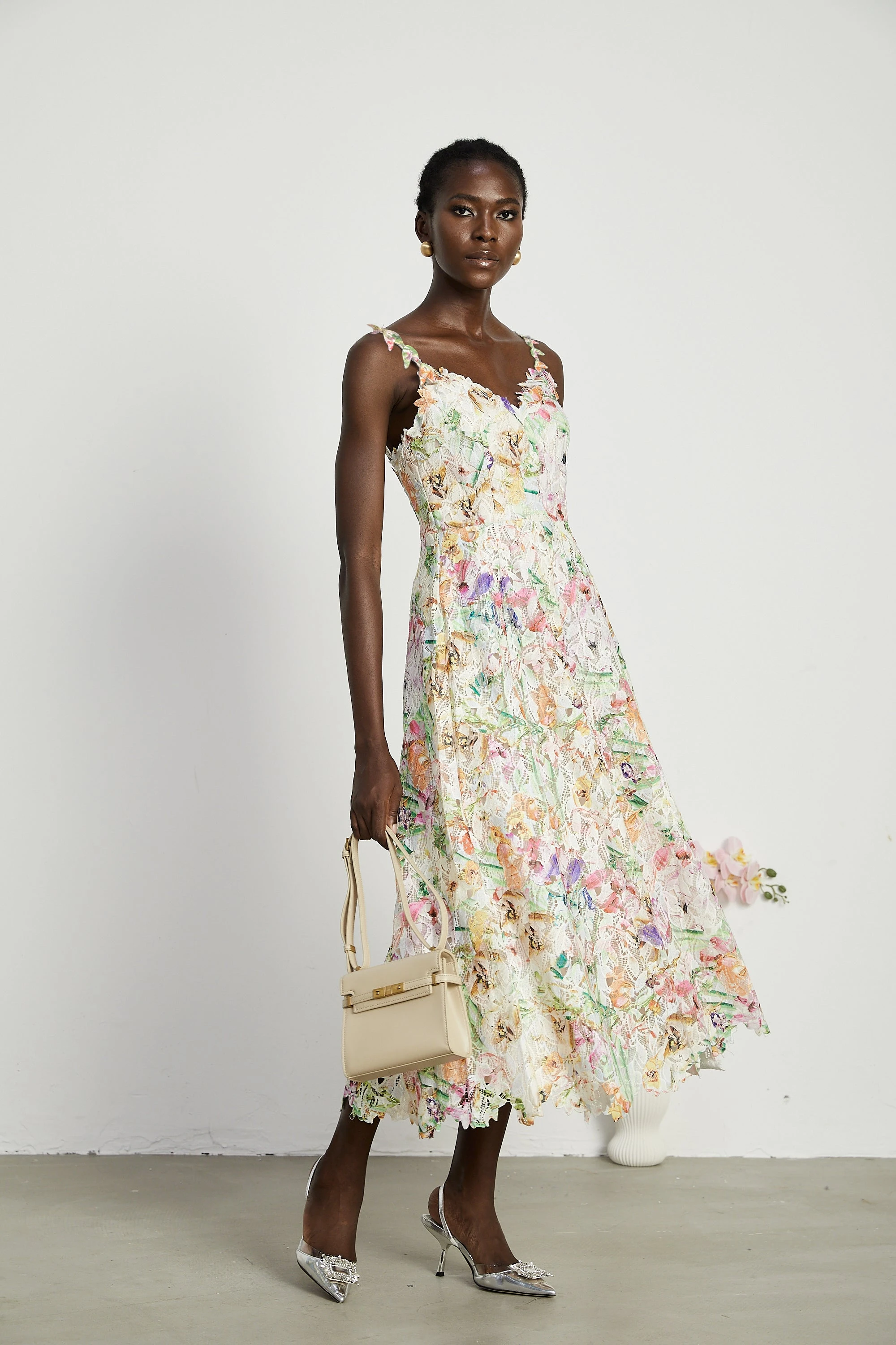 Enora Lace Floral Embroidered Midi Dress