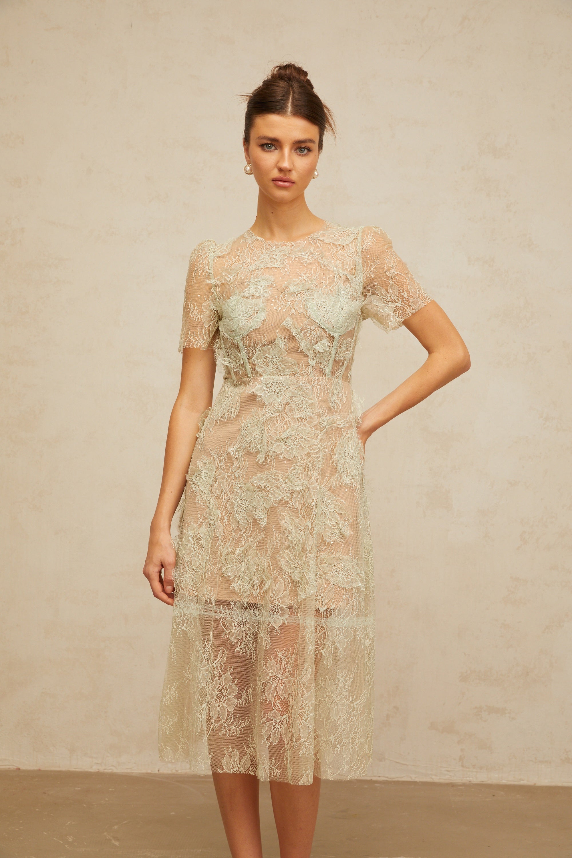 Xaviera mint-green floral-lace midi dress (Final Sale-US Only)