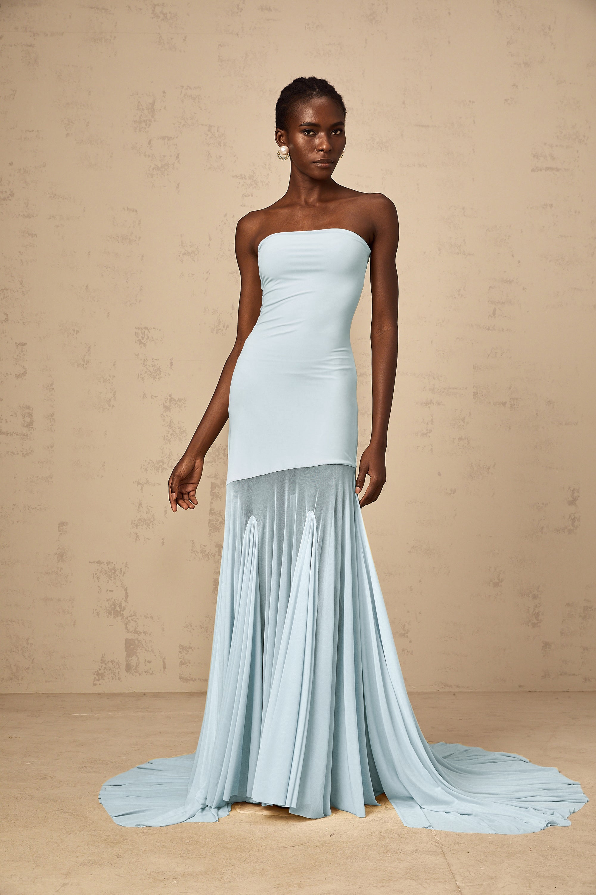 Josiane Blue Off-shoulder Sheer Tulle Maxi Dress – Miss Rosier