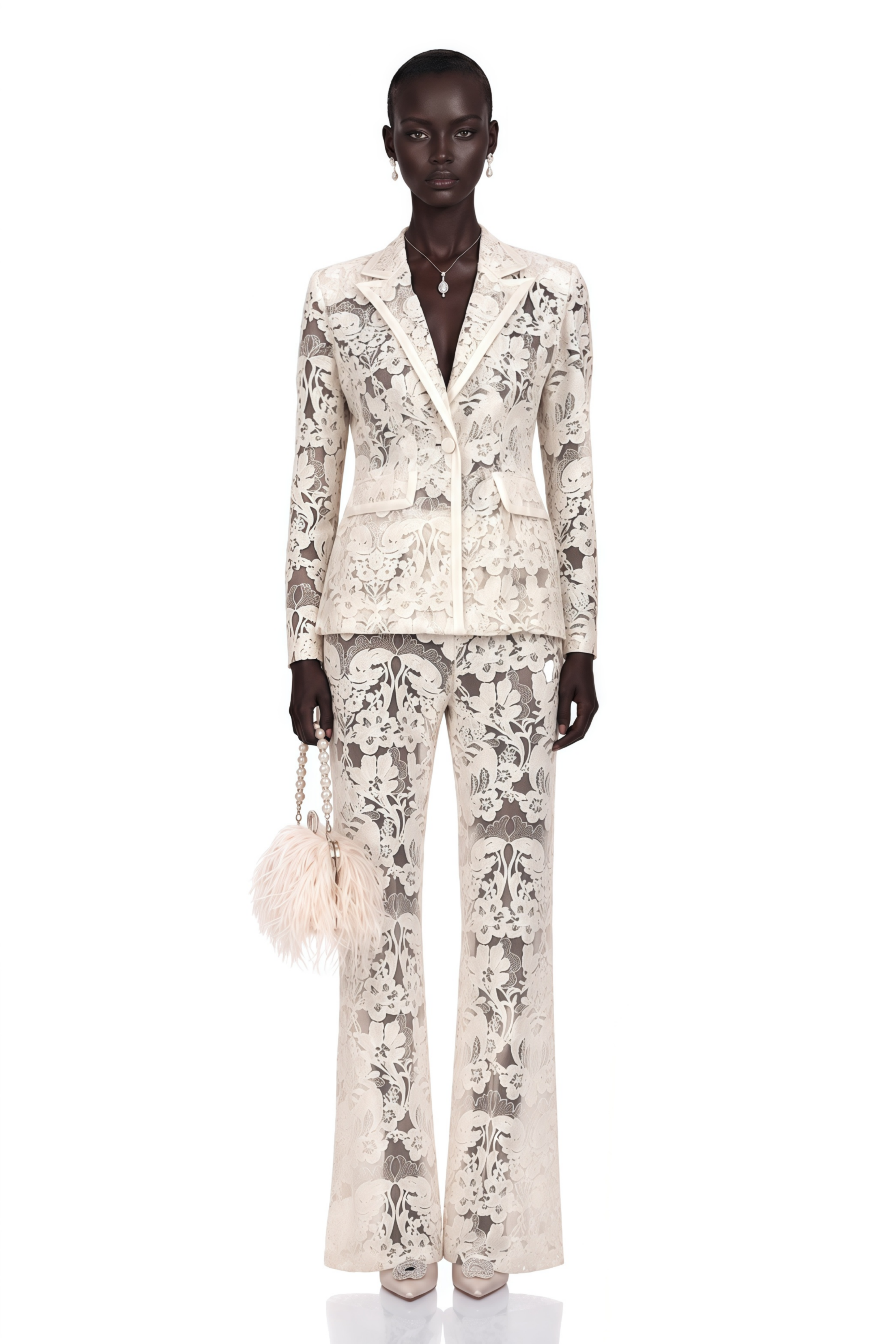Yaelle White Sequined Flower-Embroidered Tulle Blazer & Trousers Matching Set