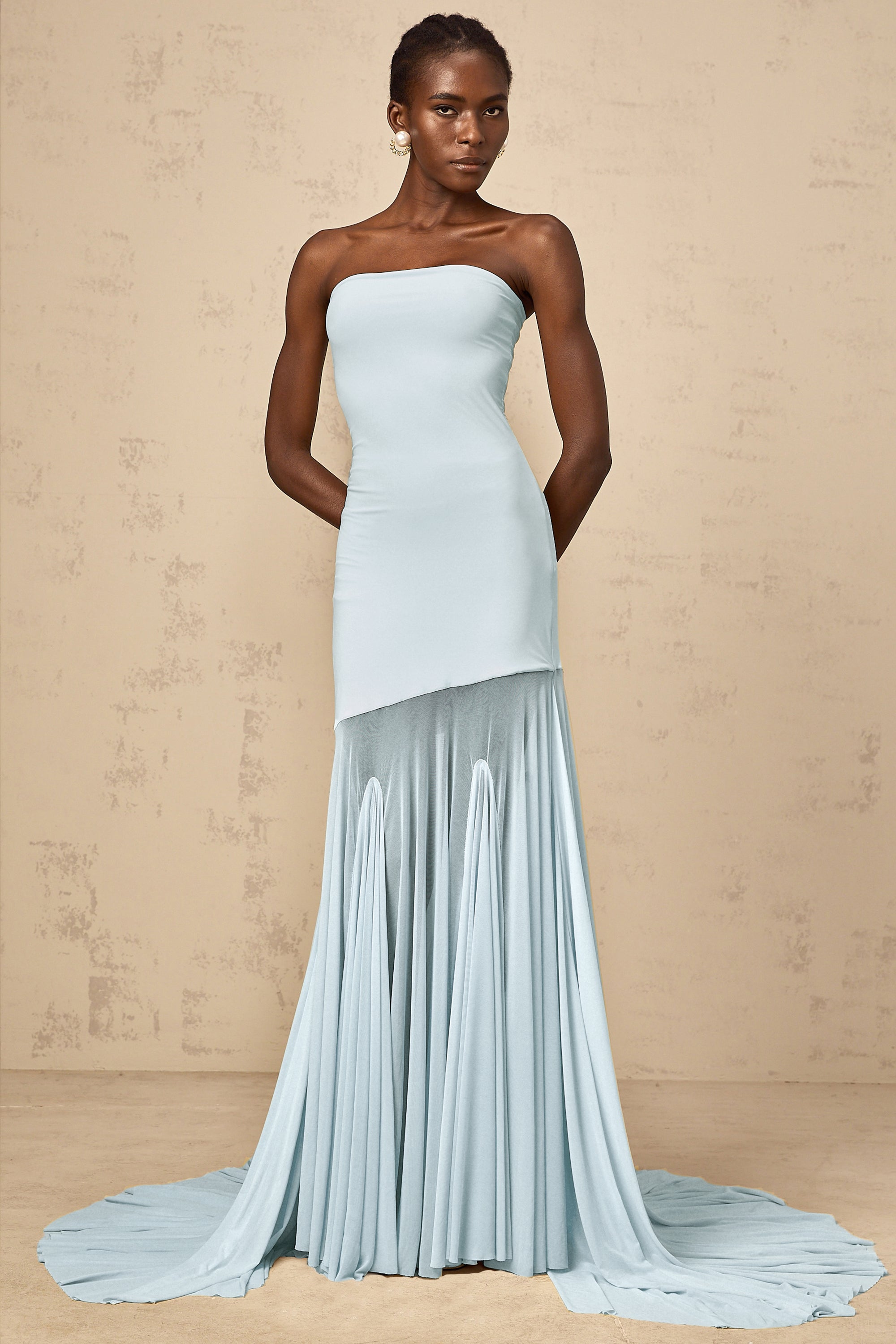 Josiane Blue Off-shoulder Sheer Tulle Maxi Dress – Miss Rosier