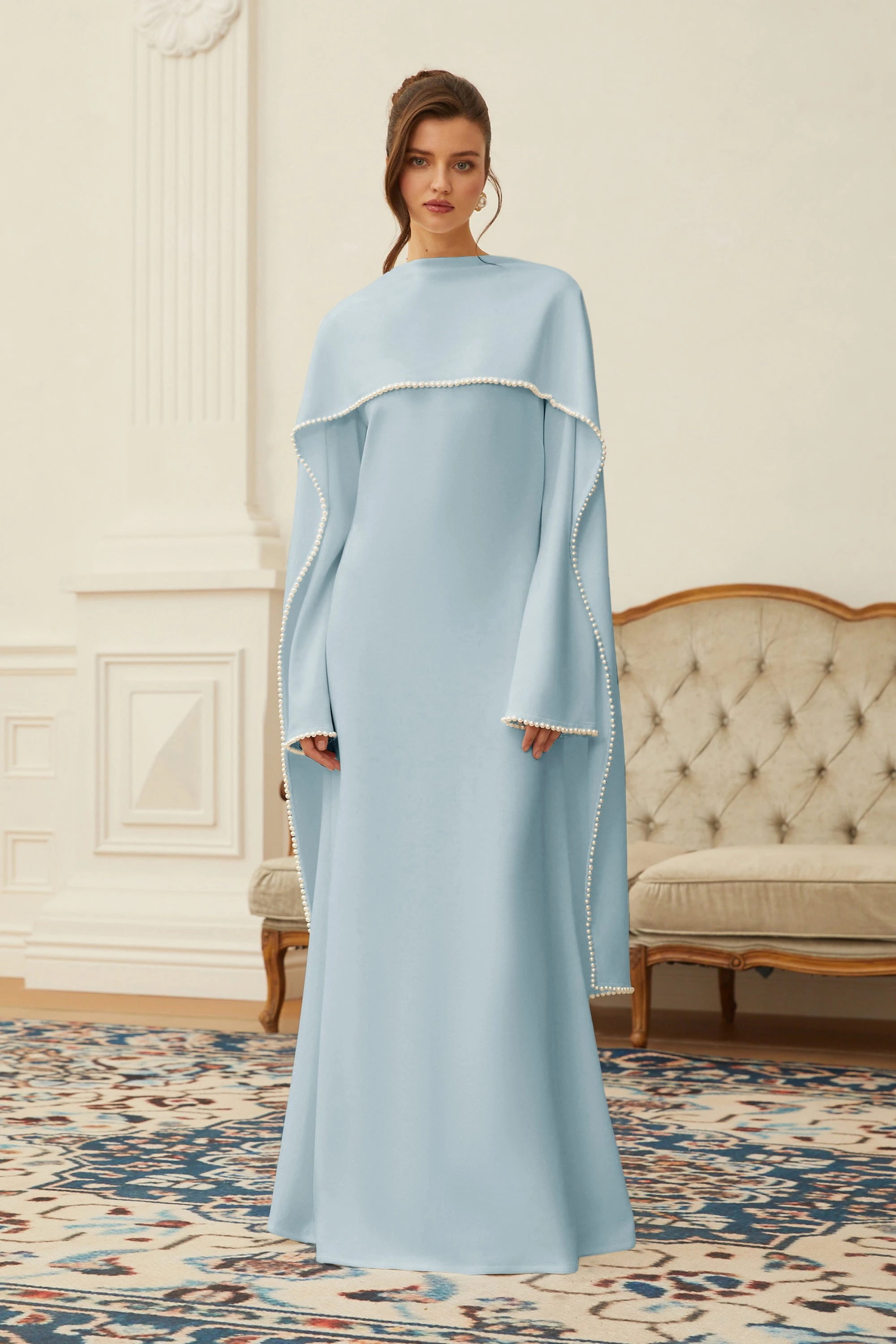 Pearl Trim Shawl Detail Maxi Dress