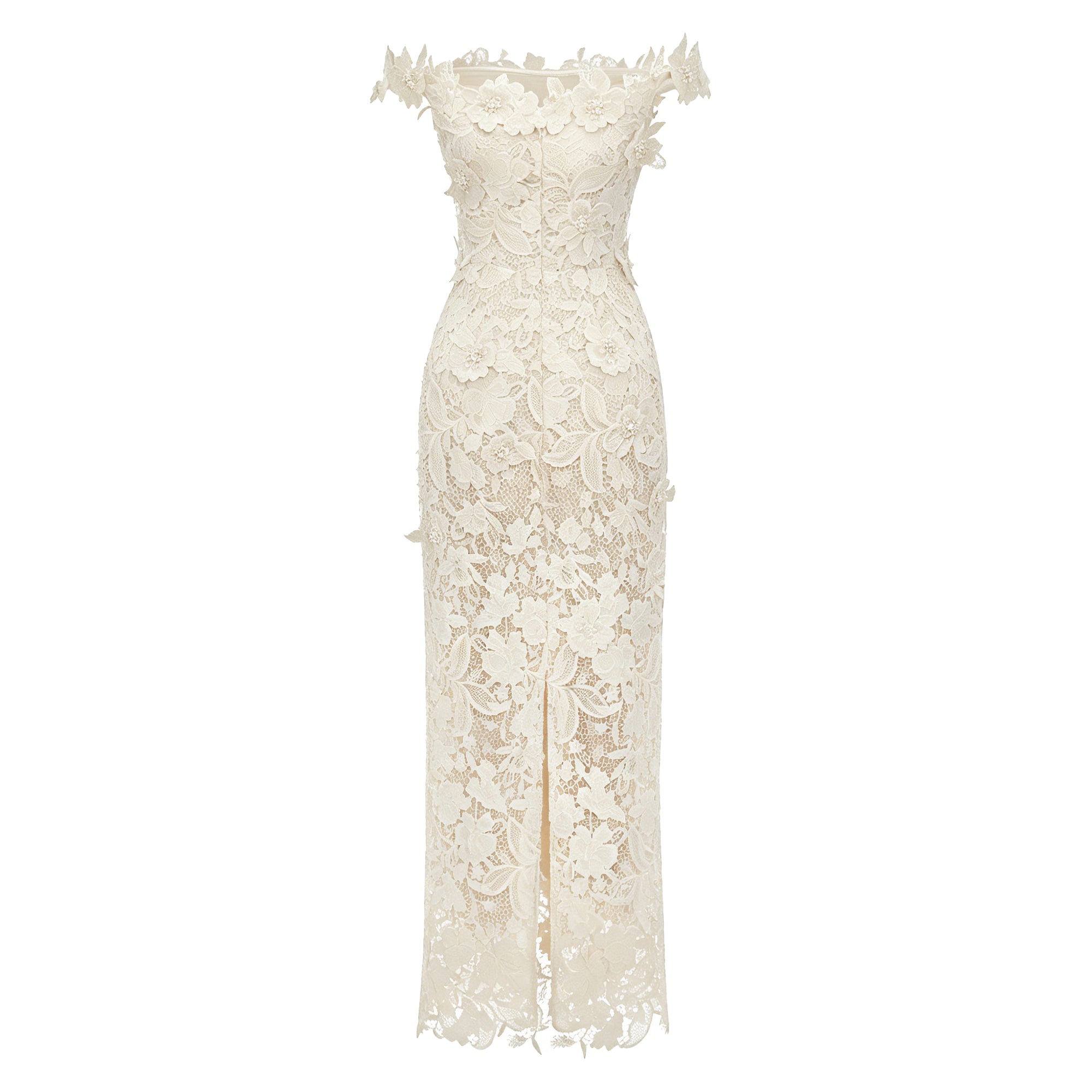 Hecate White Beaded Lace Maxi Dress with 3D Florals