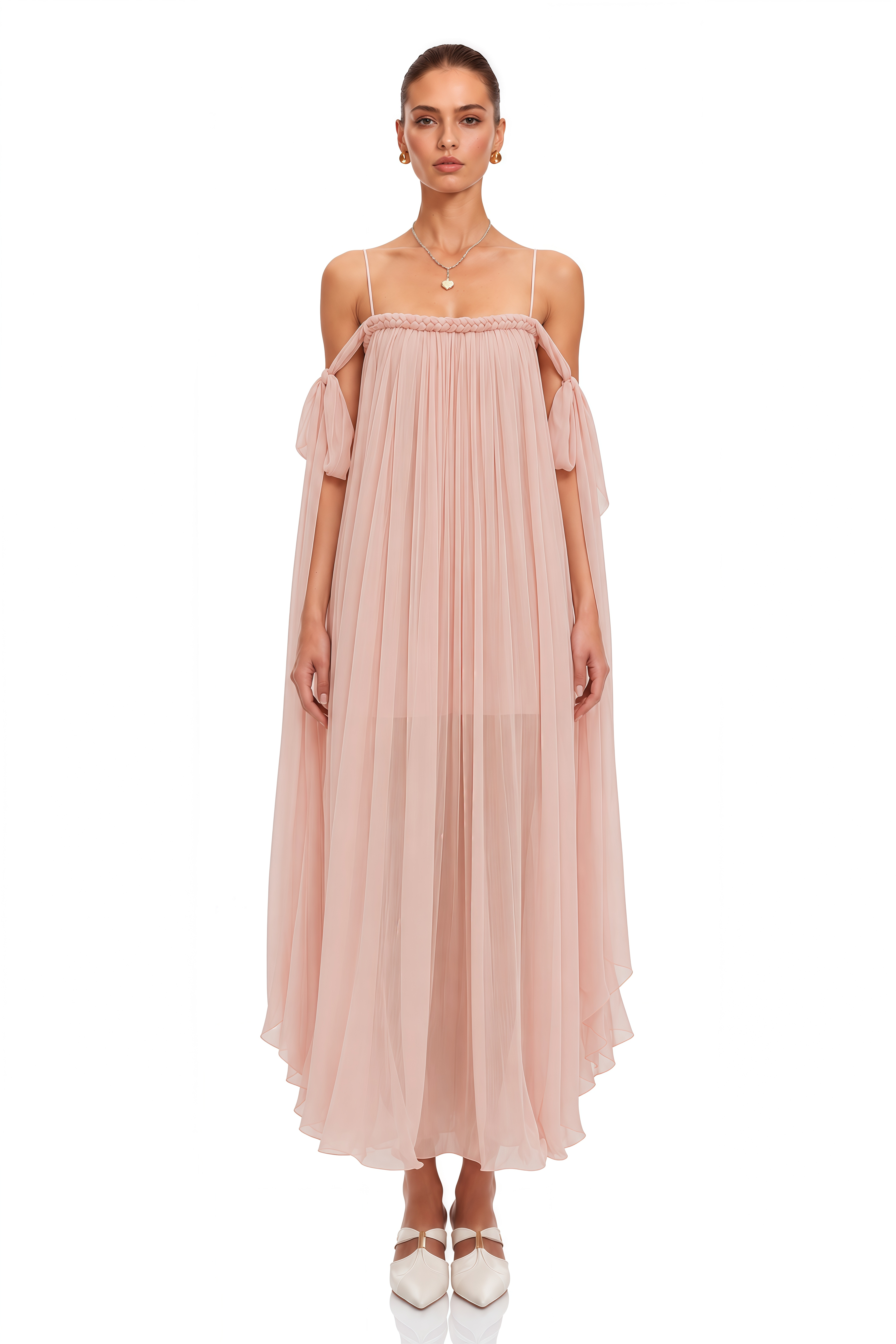 Agathe Pink Braid Detail Pleated Maxi Dress