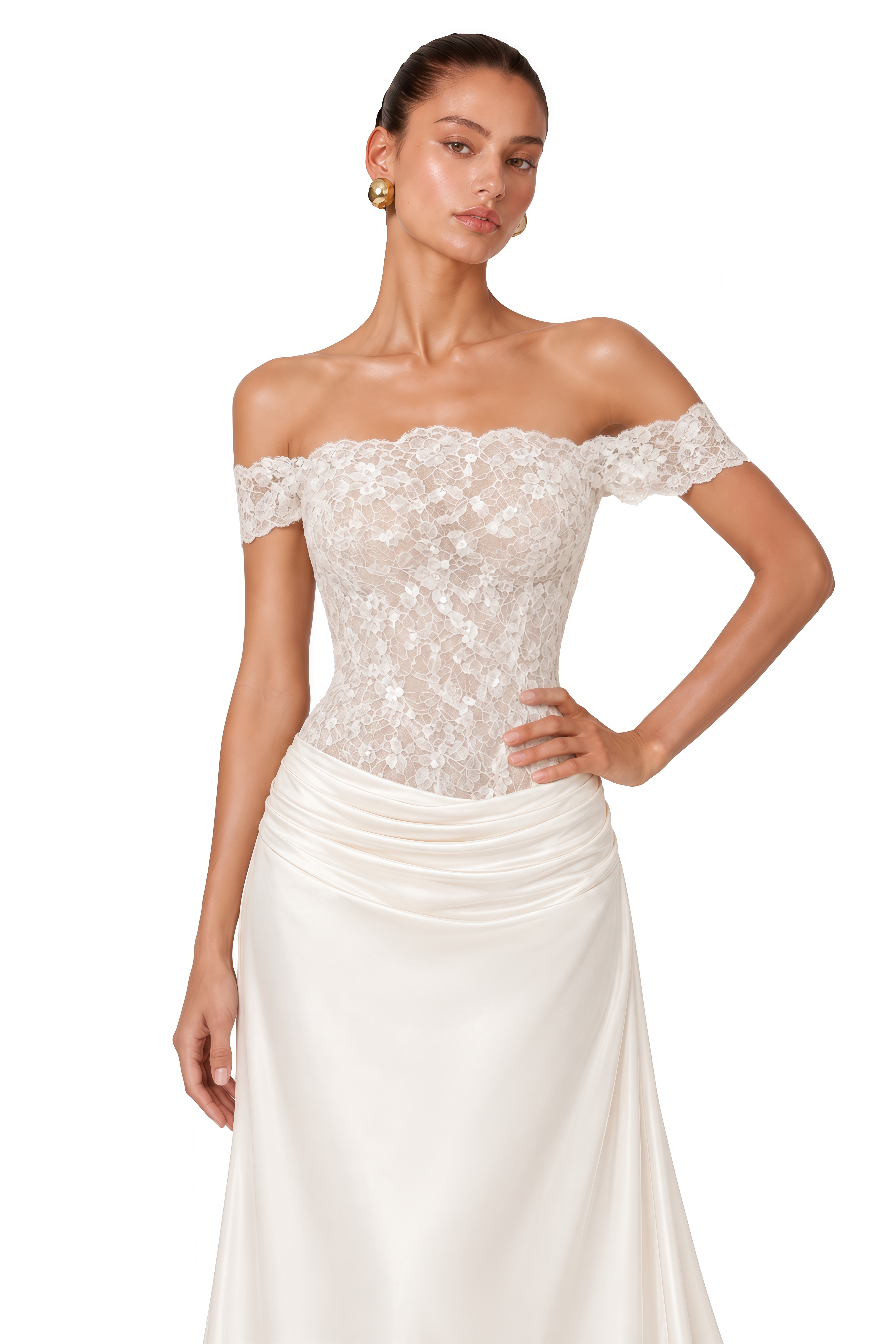 Grace White Satin Maxi Dress with Lace Panels