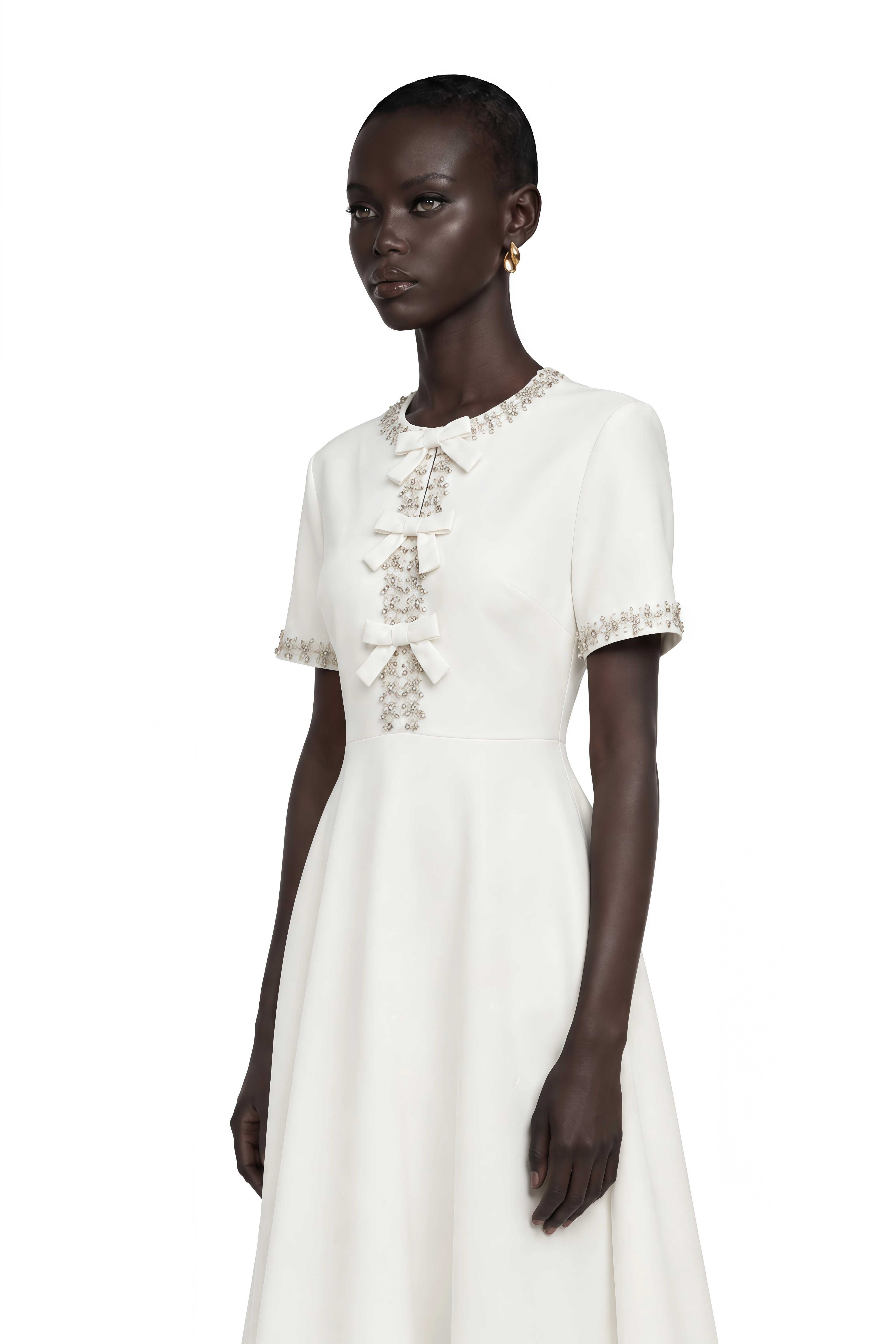 Cassiopeia Crystal-Accented Bow Midi Dress in White