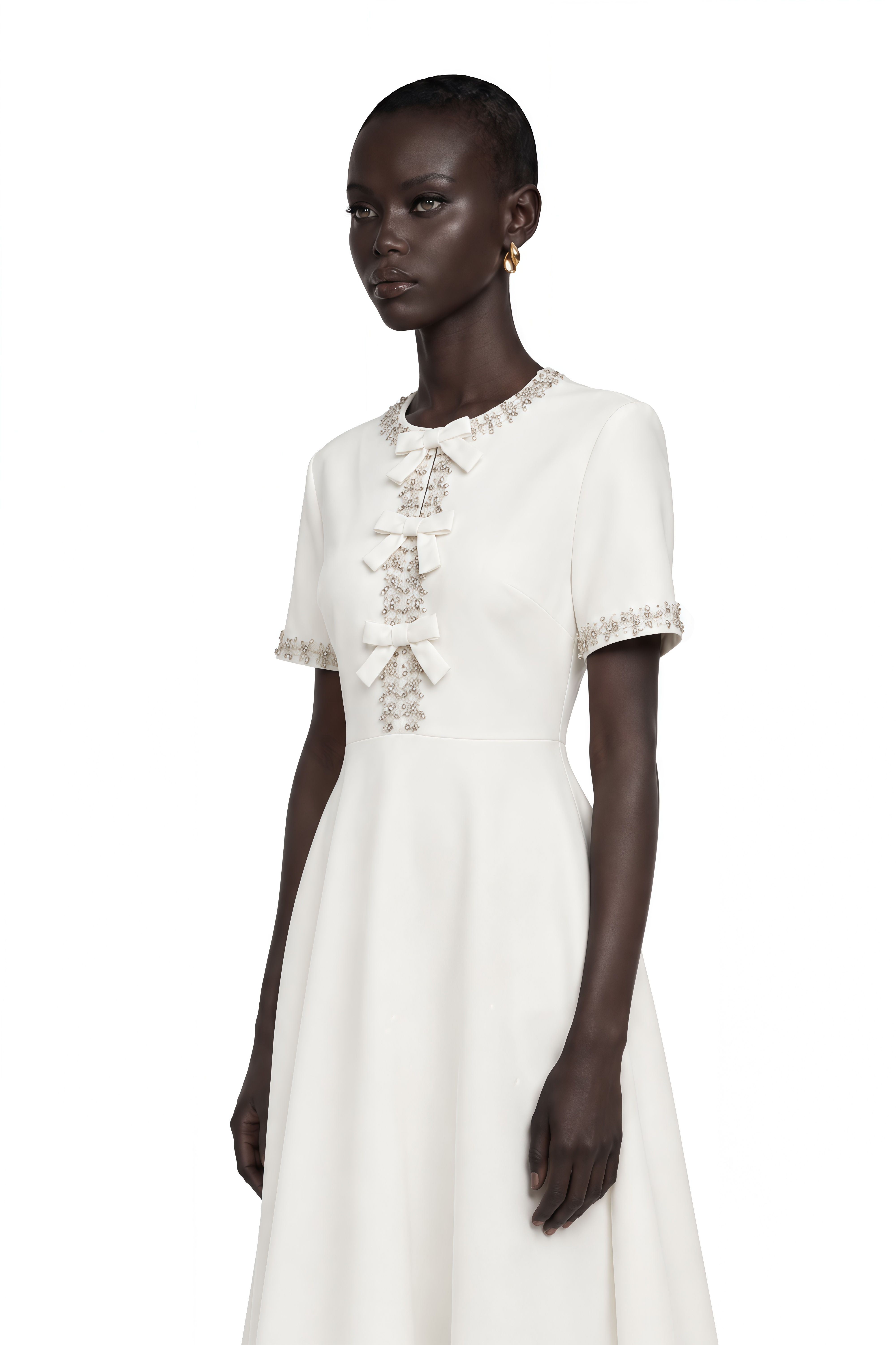 Cassiopeia Crystal-Accented Bow Midi Dress in White