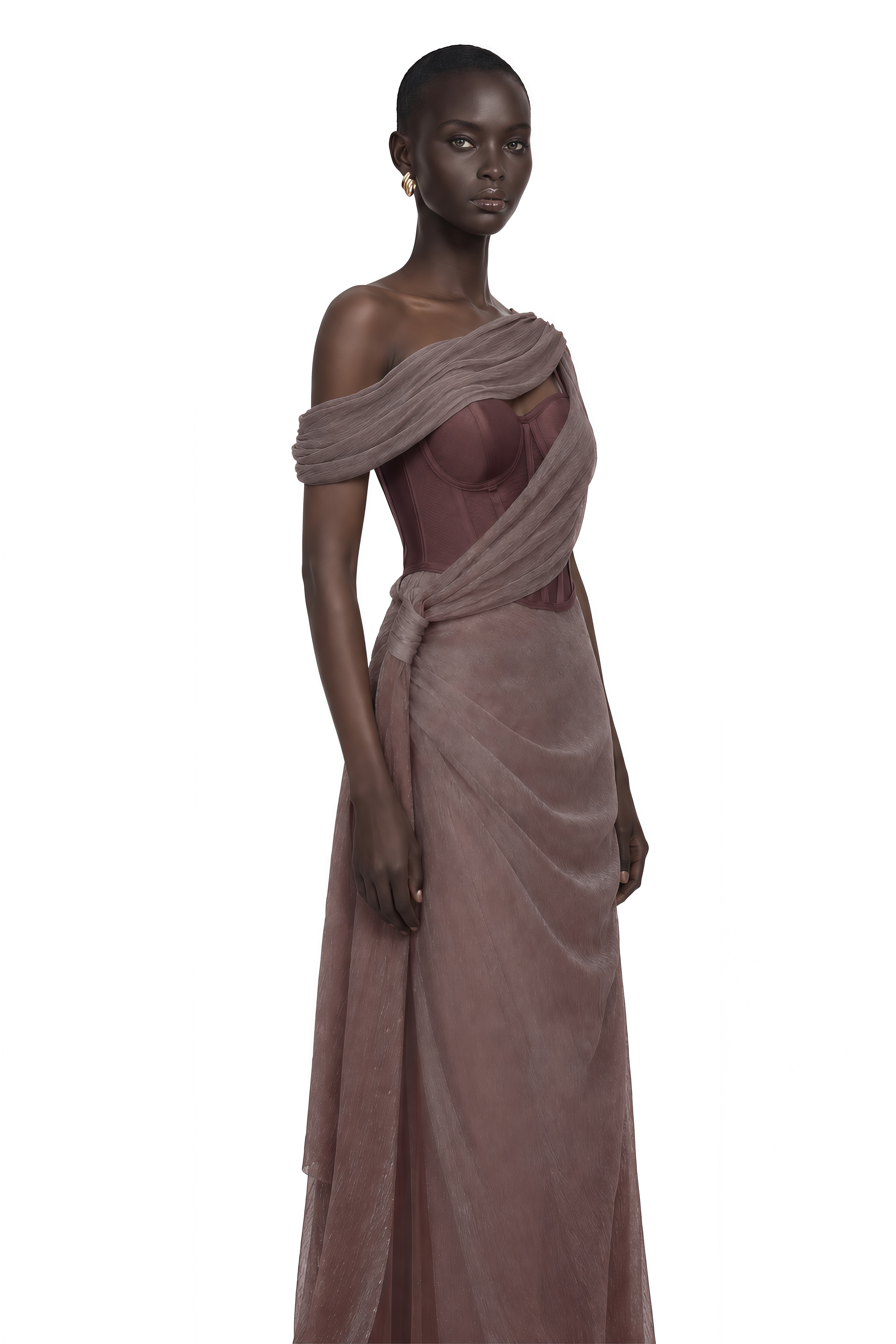 Delphine Ribbon-Design Corset Maxi Dress in Brown