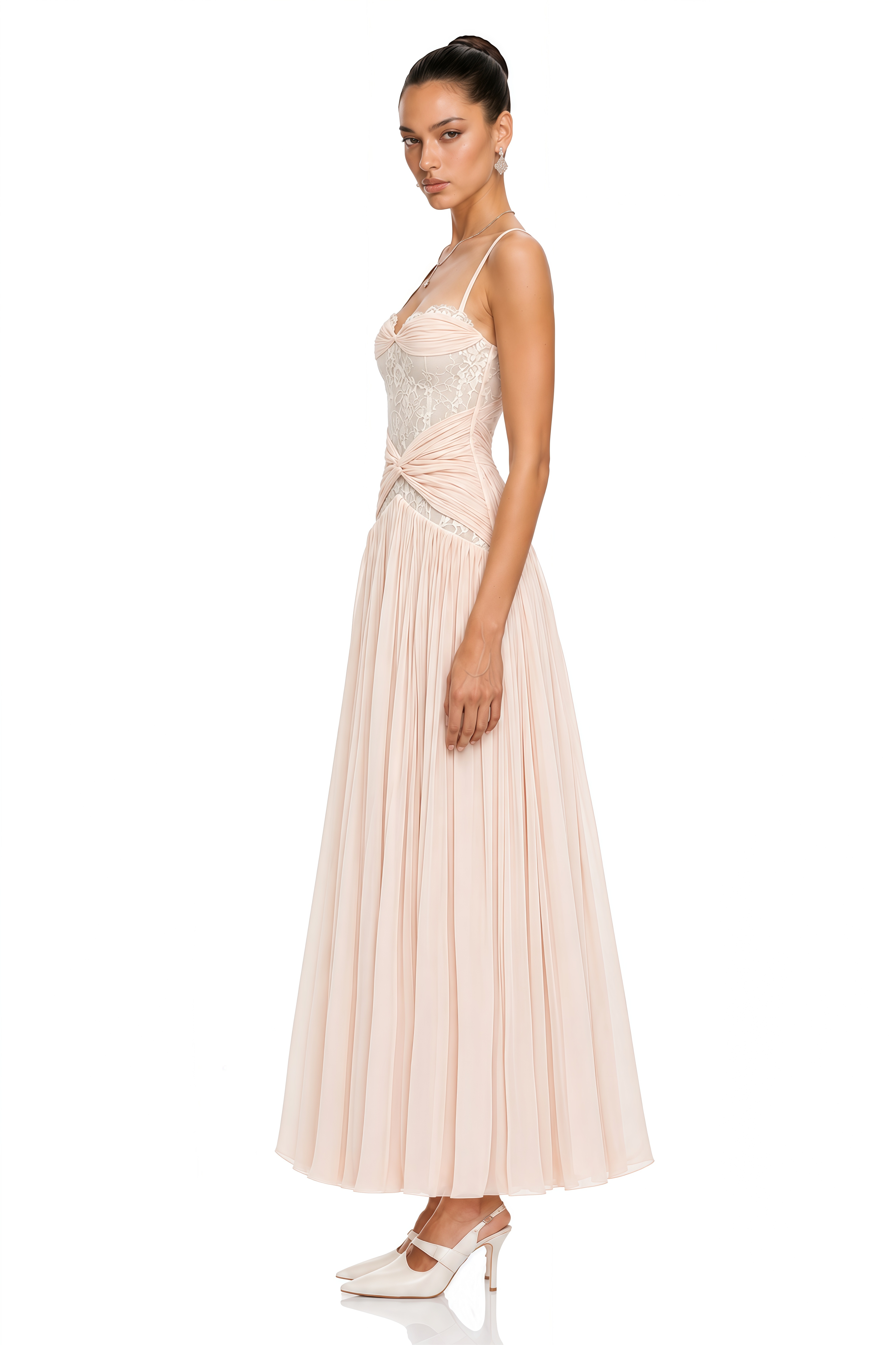 Brigitte Cream White Ruched Maxi Dress with Lace Panels