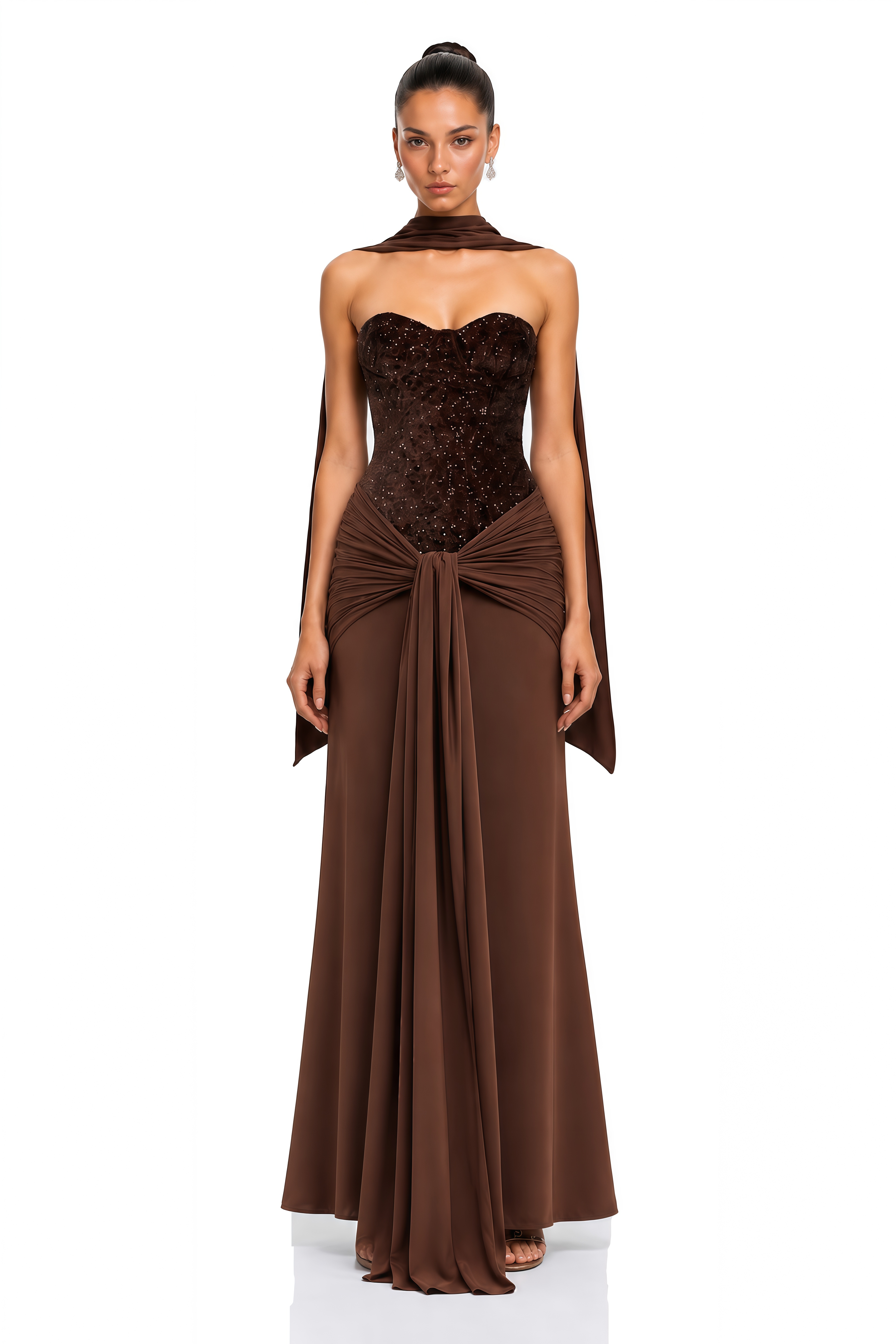 Christine Brown Off Shoulder Draped Maxi Dress