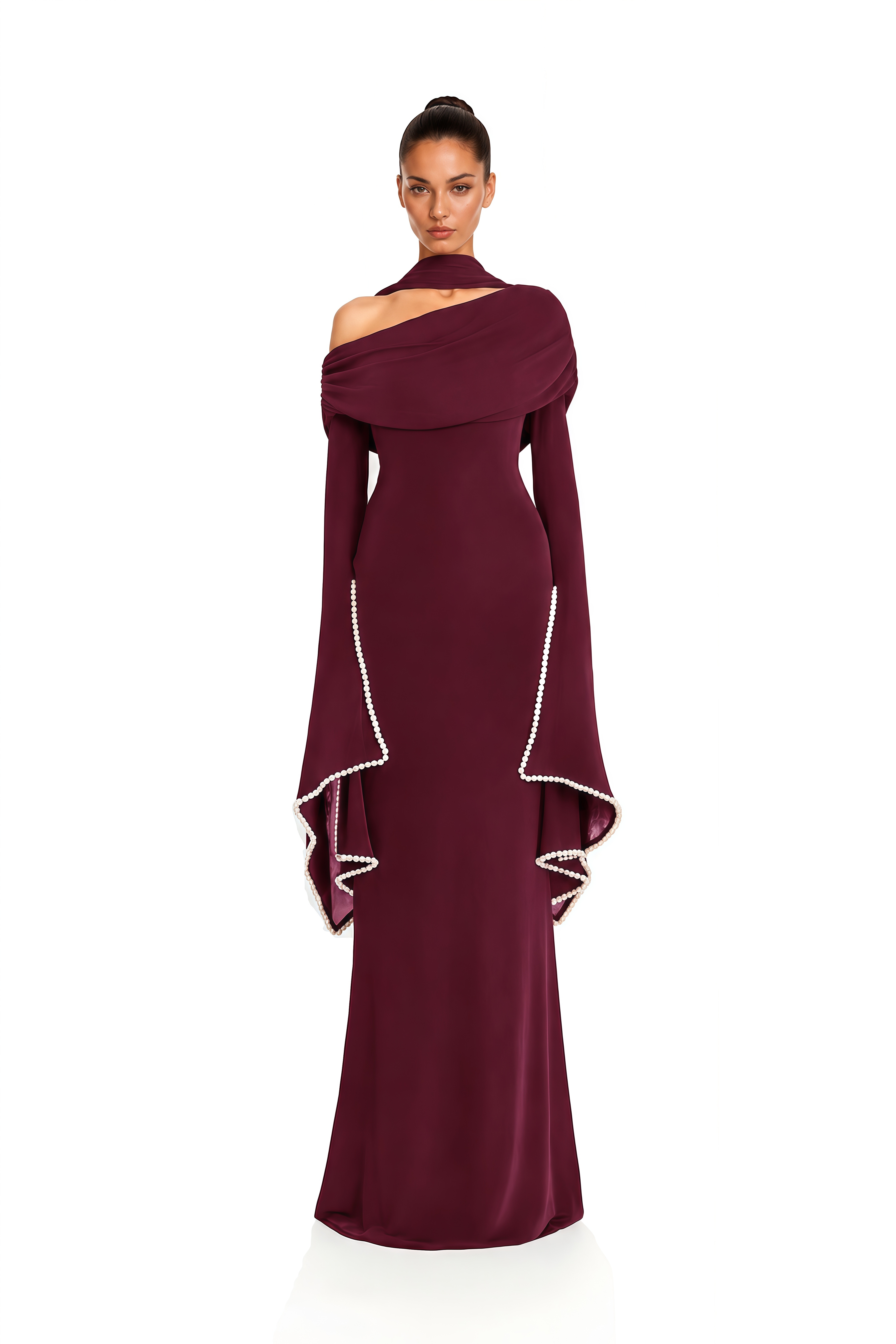 Simona Burgundy One Shoulder Pearl Trim Maxi Gown