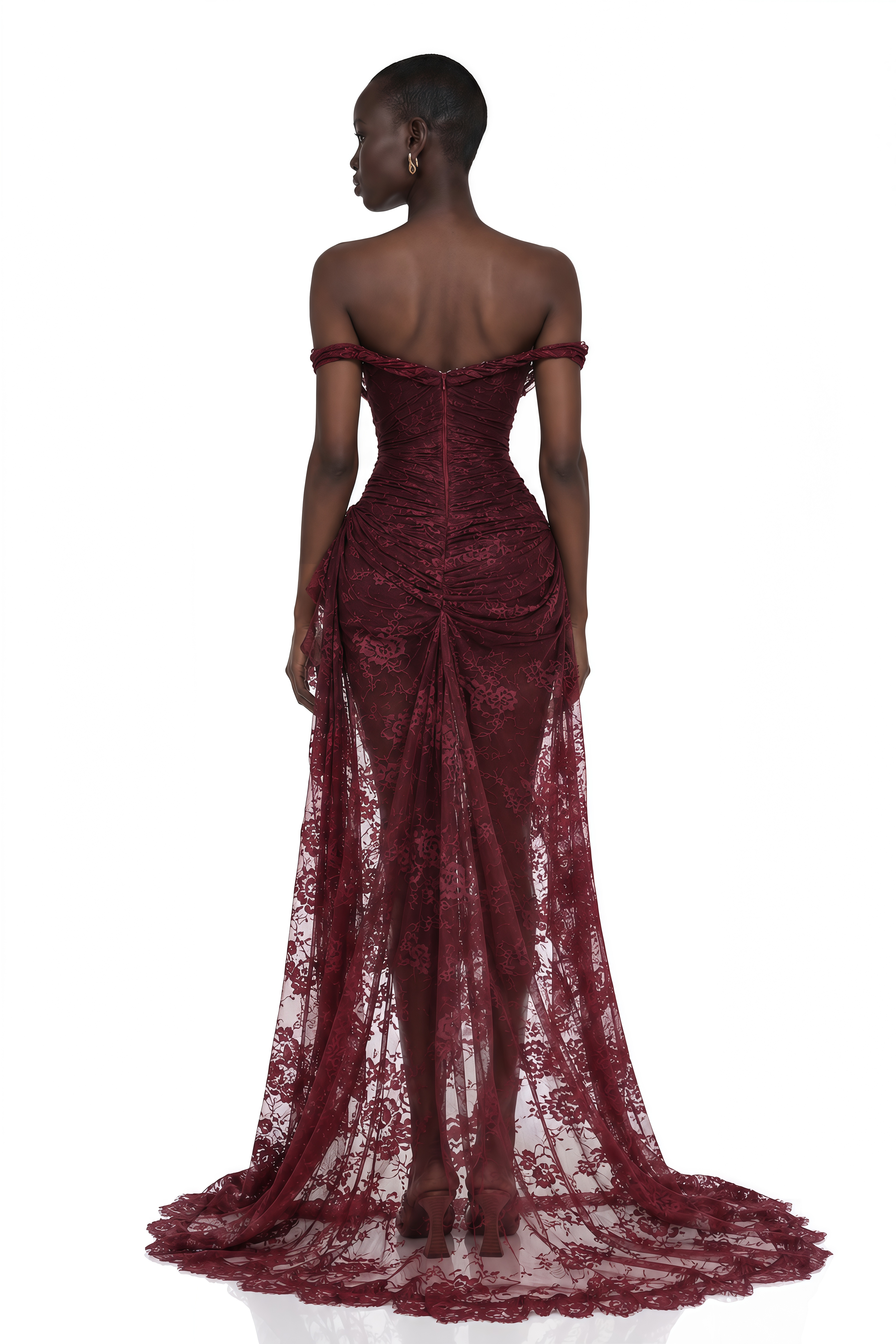 Eline Burgundy Ruched Floral Lace Gown